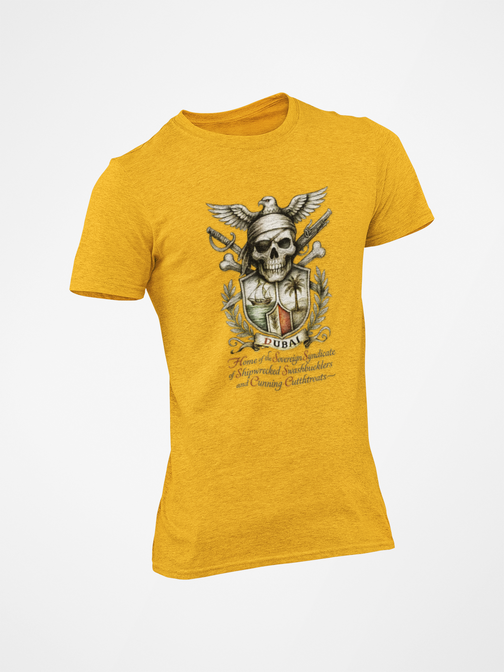 Grimwater Edition - Dubai, Skull & Crossbones Tee, Home of the Sovereign Syndicate of Swashbucklers Cutthroats