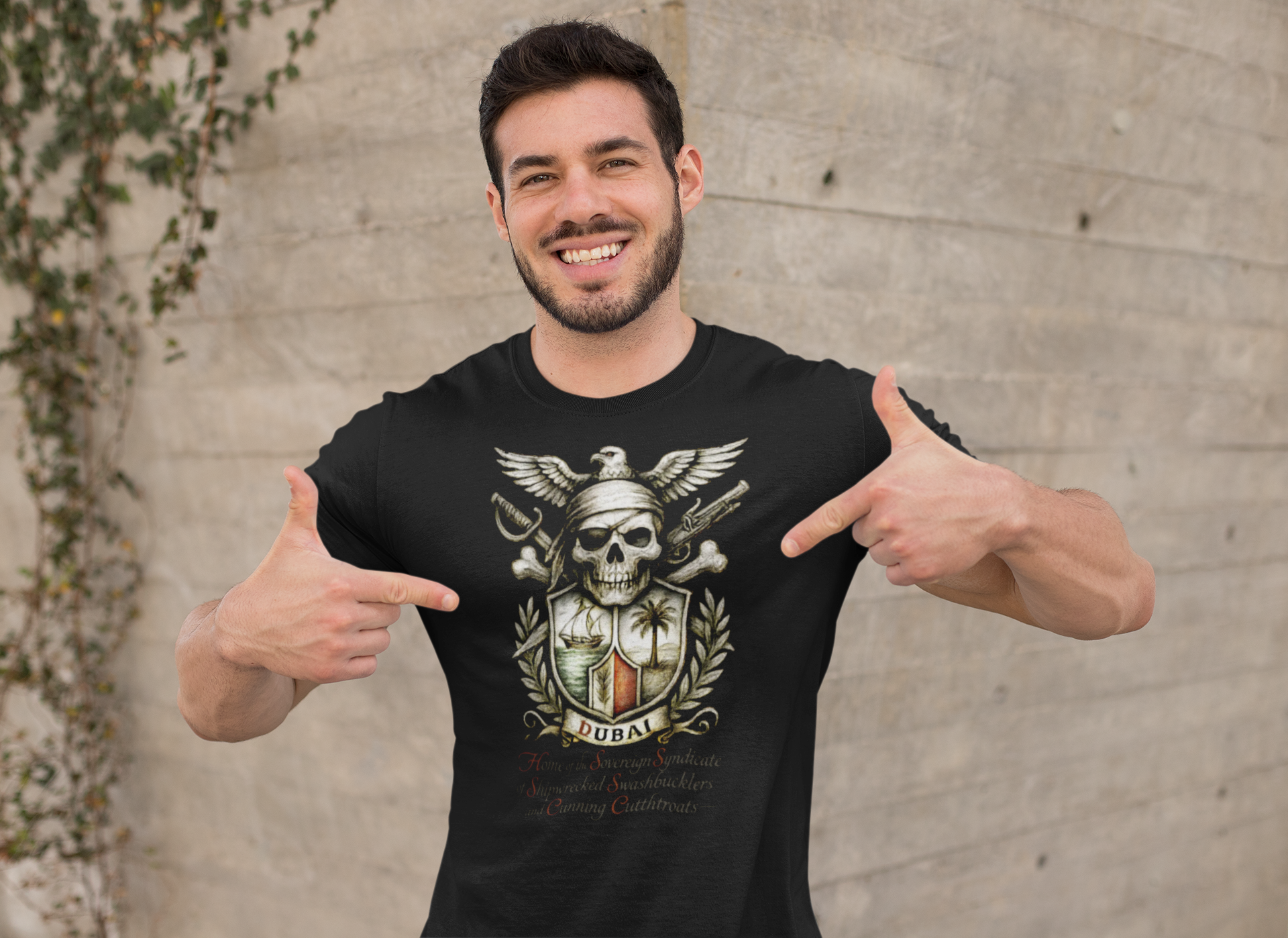 Grimwater Edition - Dubai, Skull & Crossbones Tee, Home of the Sovereign Syndicate of Swashbucklers Cutthroats