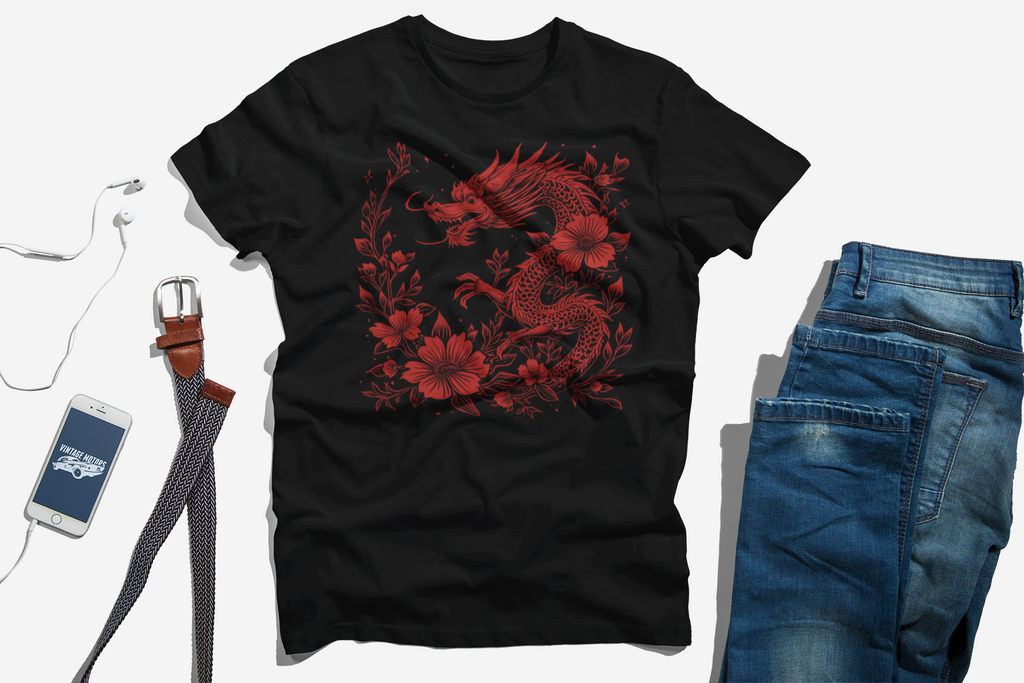 Dragon Floral Unisex Heavy Cotton Tee, Casual Wear, Street Style, Gift for Her, Graphic Tee, Trendy Apparel