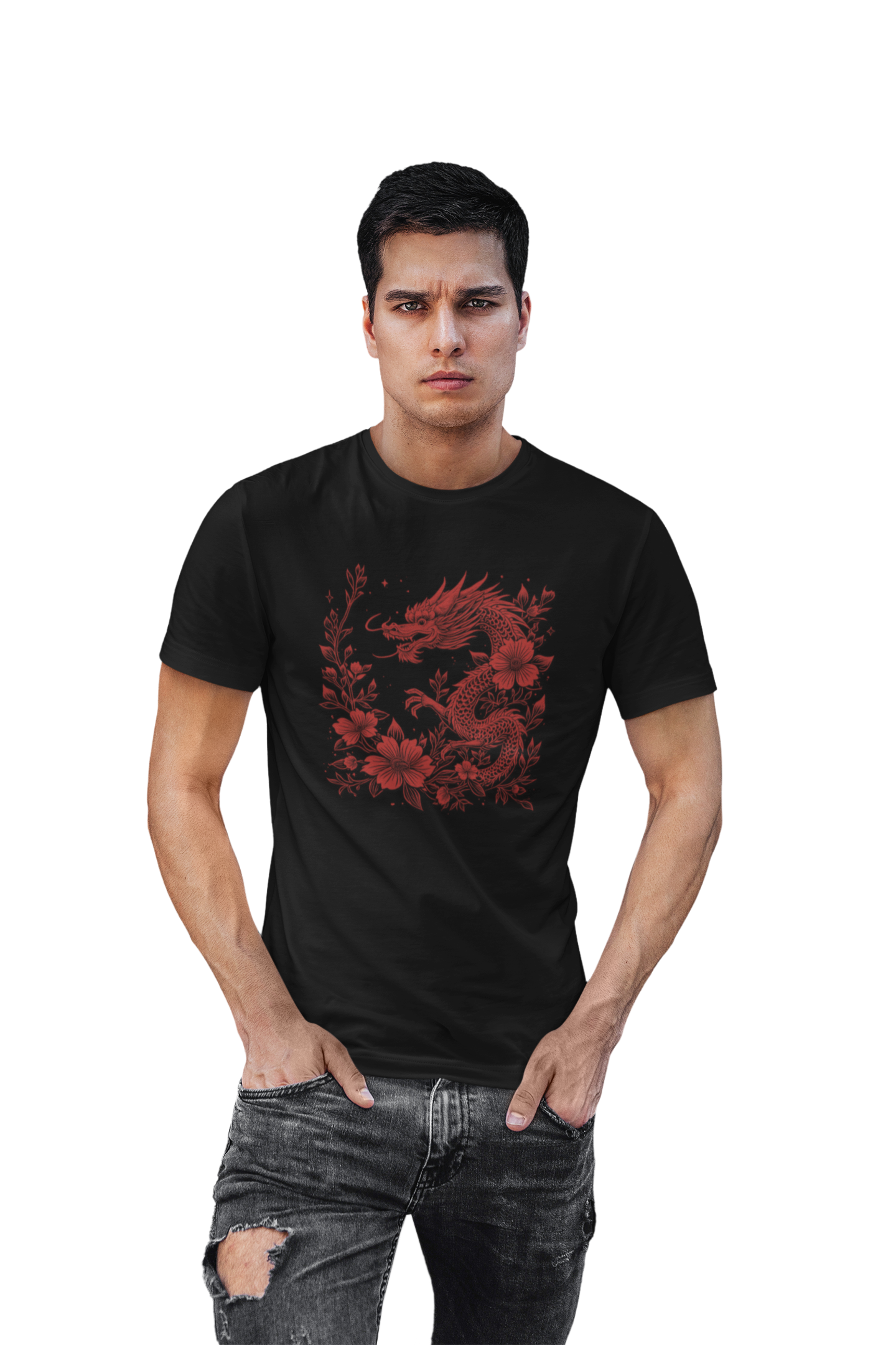 Dragon Floral Unisex Heavy Cotton Tee, Casual Wear, Street Style, Gift for Her, Graphic Tee, Trendy Apparel
