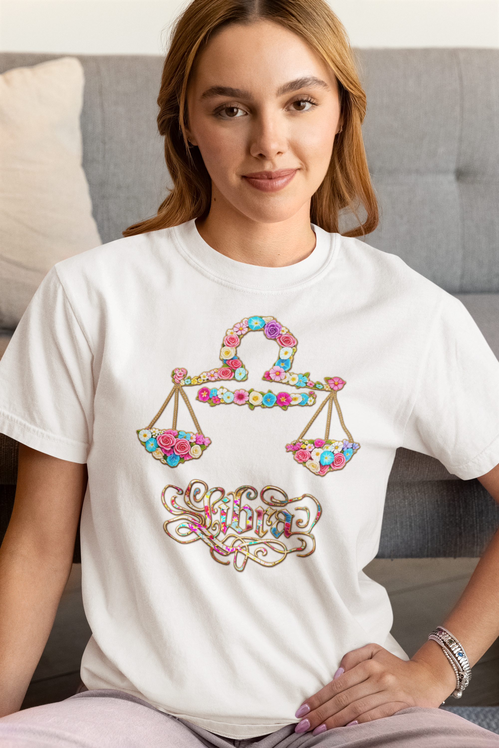 Libra Floral Zodiac Tee - Unisex Heavy Cotton Shirt, Astrology Gift, Horoscope T-Shirt, Birthday Present, Libra Season Apparel