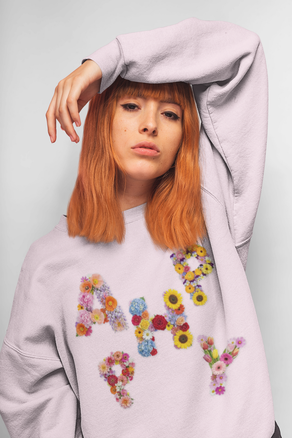 HAPPY, Frontprint, Unisex Sweatshirt. Floral Letter Print (Spring Floral Crew)
