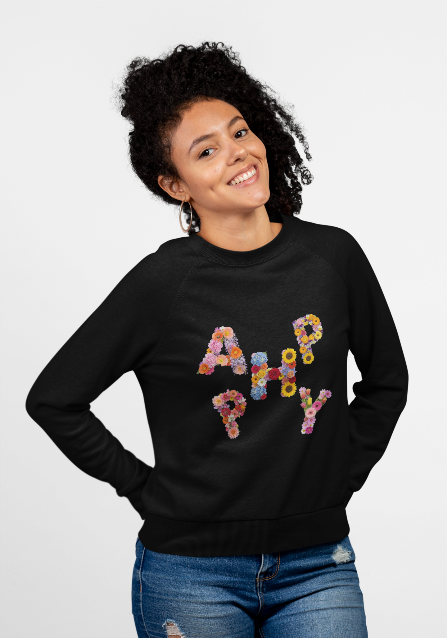 HAPPY, Frontprint, Unisex Sweatshirt. Floral Letter Print (Spring Floral Crew)