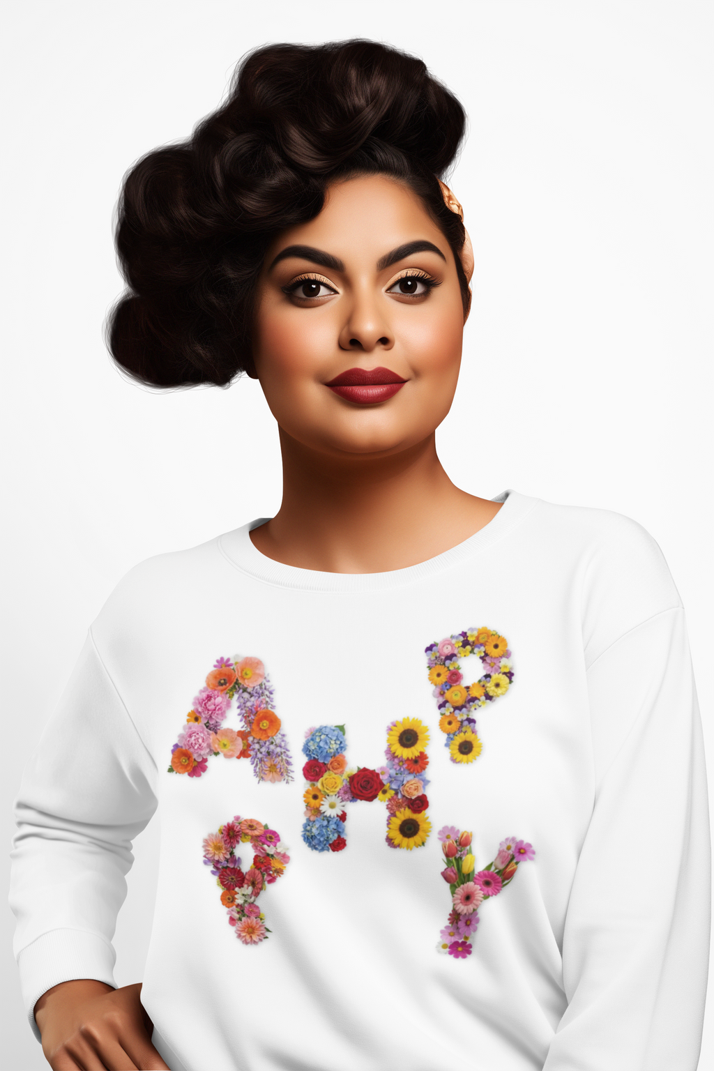 HAPPY, Frontprint, Unisex Sweatshirt. Floral Letter Print (Spring Floral Crew)