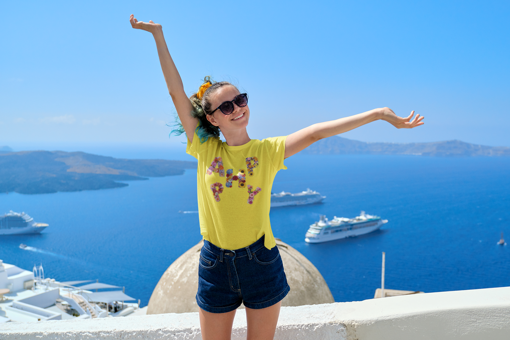 HAPPY, Frontprint, Womens' T-Shirt,  Floral Colorful Flower Lettering Tee