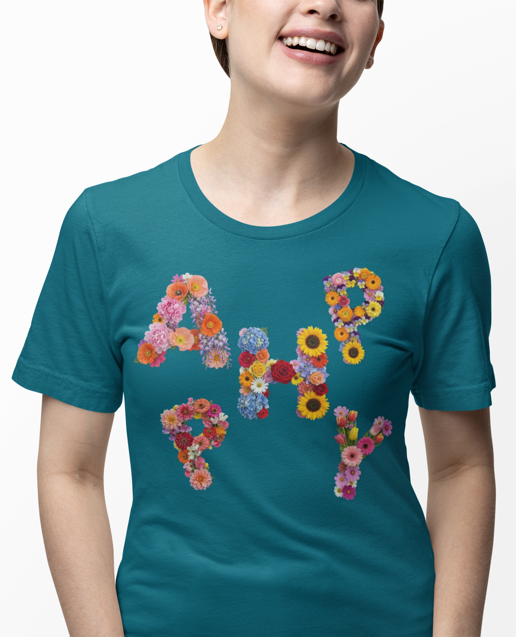 HAPPY, Frontprint, Womens' T-Shirt,  Floral Colorful Flower Lettering Tee