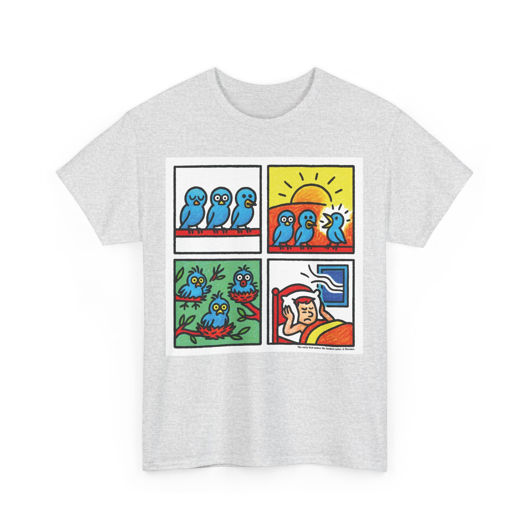 Proverb - Early bird makes loudest noise, Colorful Quirky Bird Tee - Fun Graphic Shirt for Nature Lovers, Perfect Gift for Birdwatchers, Casual Wear, Birthday, Summer