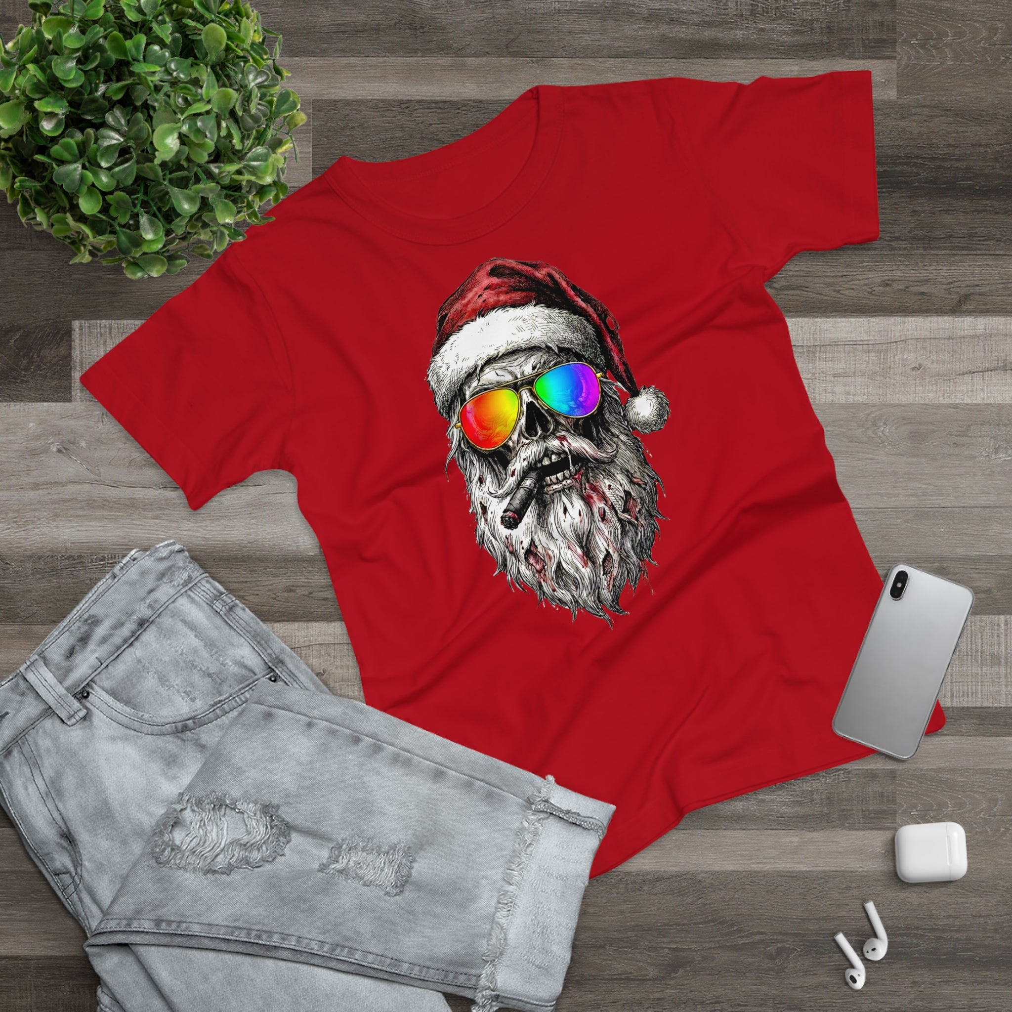 Pilot-Santa: Frontprint, Womens' T-Shirt, Skull T-Shirt — Cool Christmas Skull Tee with Rainbow Sunglasses