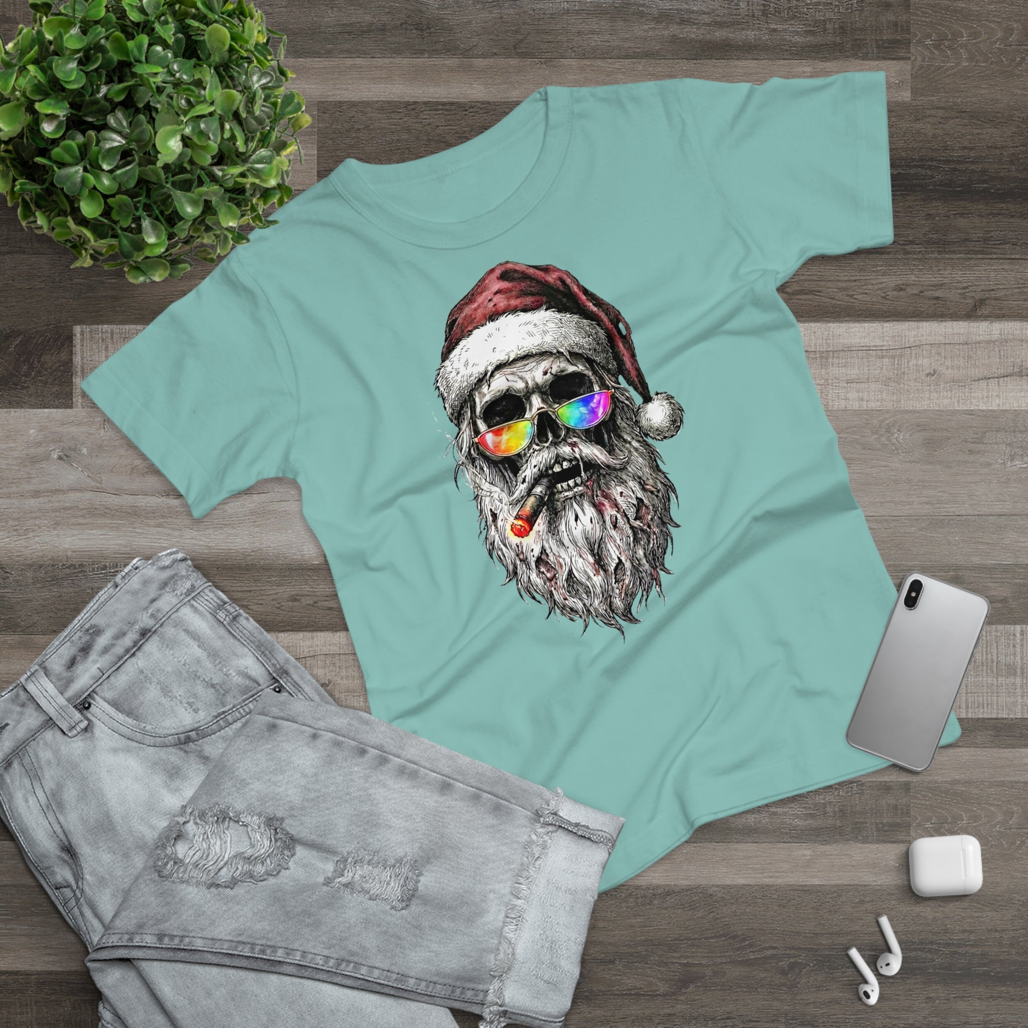 Dark-Santa: Frontprint, Womens' T-Shirt, Skull Retro Sunglasses & Cigar Holiday Tee