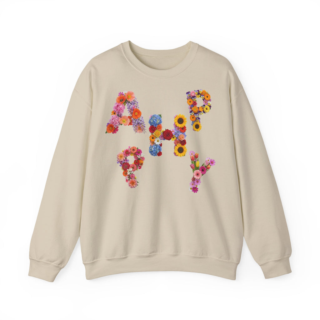 HAPPY, Frontprint, Unisex Sweatshirt. Floral Letter Print (Spring Floral Crew)