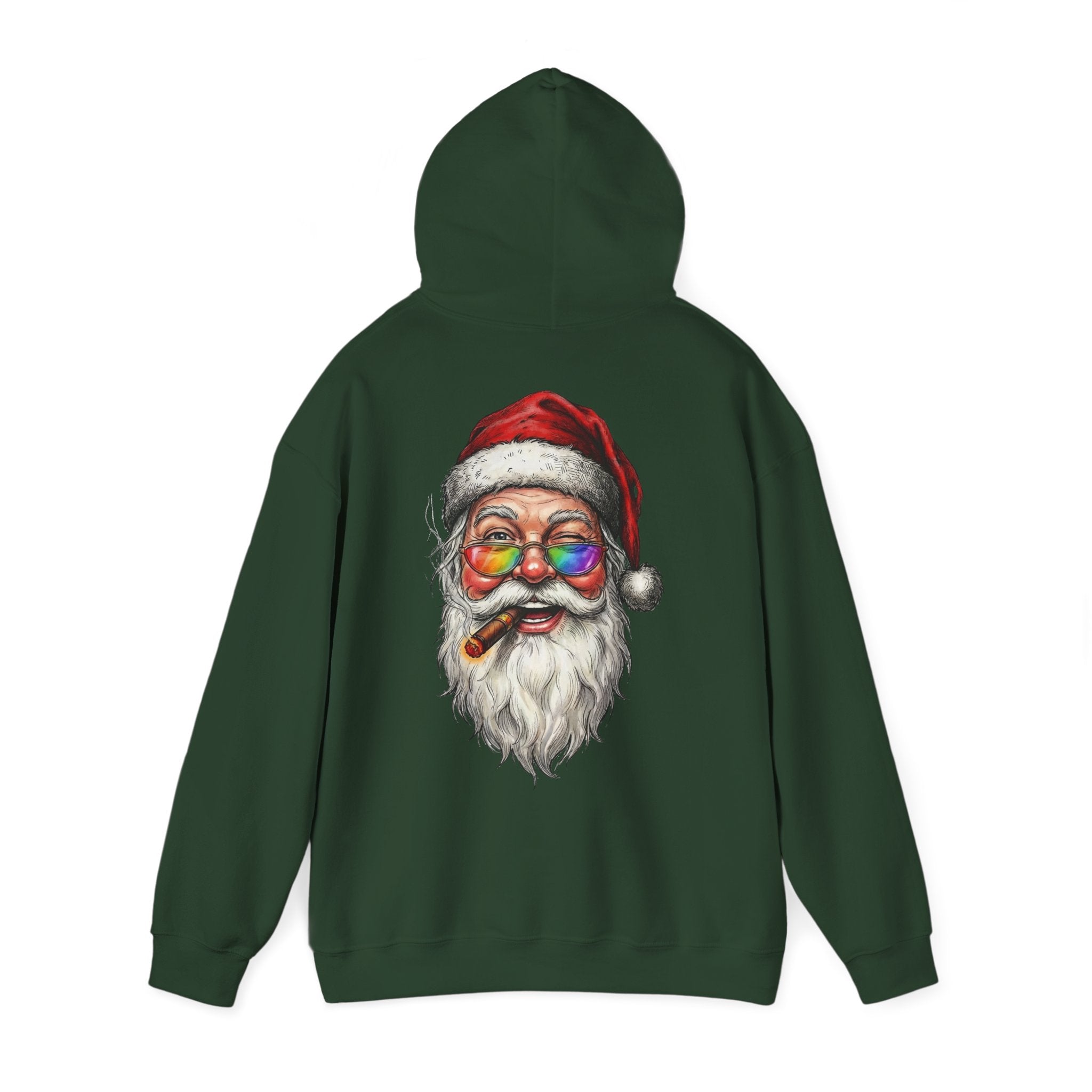 Friendly-Santa: Backprint, Unisex Hoodie, Rainbow Glasses Hoodie – Colorful Retro Christmas Sweatshirt