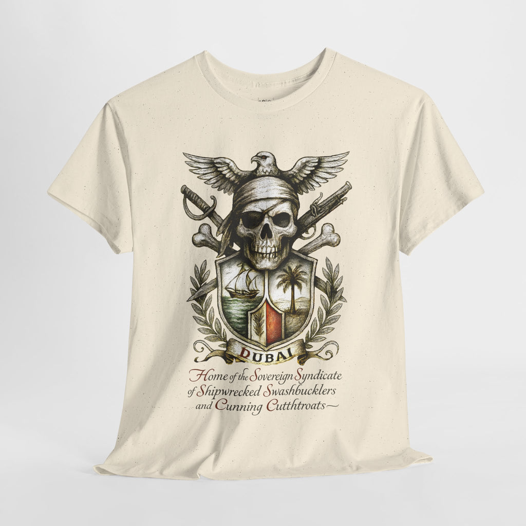 Grimwater Edition - Dubai, Skull & Crossbones Tee, Home of the Sovereign Syndicate of Swashbucklers Cutthroats
