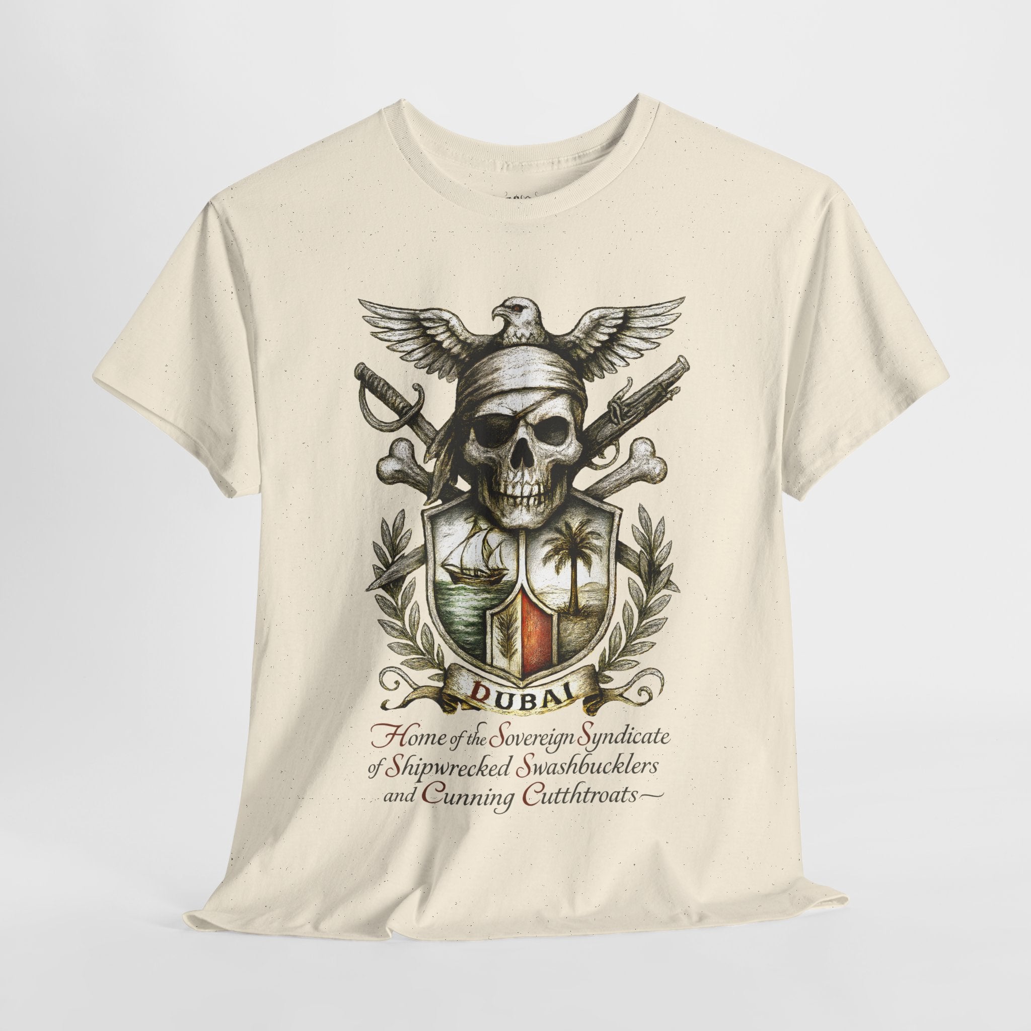 Grimwater Edition - Dubai, Skull & Crossbones Tee, Home of the Sovereign Syndicate of Swashbucklers Cutthroats
