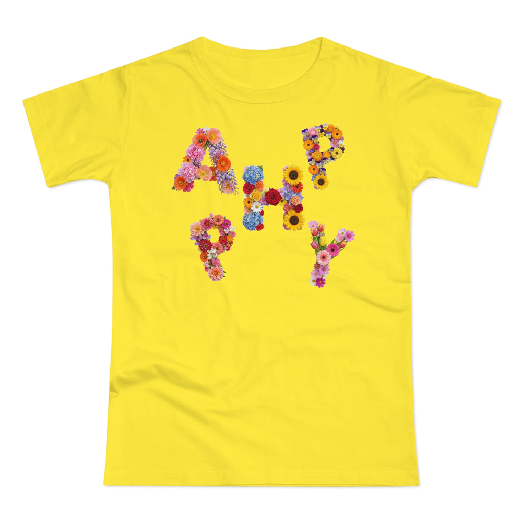 HAPPY, Frontprint, Womens' T-Shirt,  Floral Colorful Flower Lettering Tee