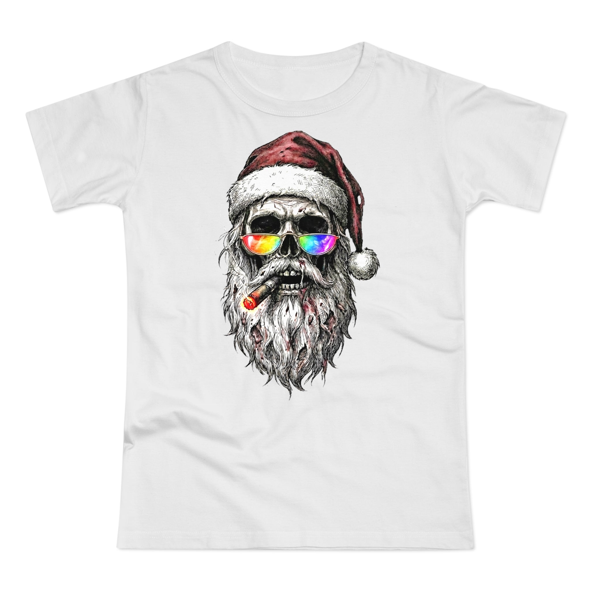 Dark-Santa: Frontprint, Womens' T-Shirt, Skull Retro Sunglasses & Cigar Holiday Tee