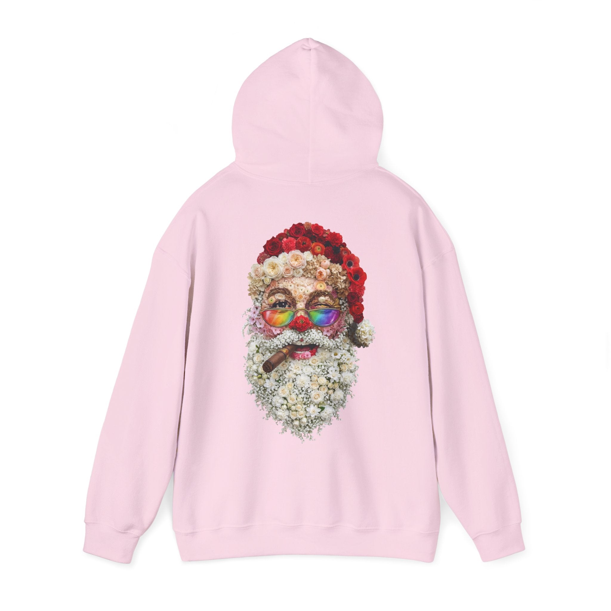 Blumen-Santa: Backprint, Unisex Hoodie, Rainbow Glasses Christmas X-Mas Floral