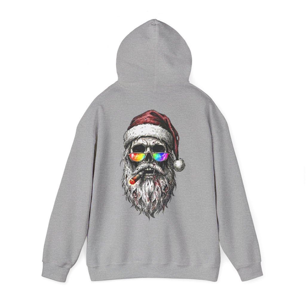Dark-Santa: Backprint, Unisex Hoodie, Skull Cool Santa with Rainbow Sunglasses Christmas Sweatshirt