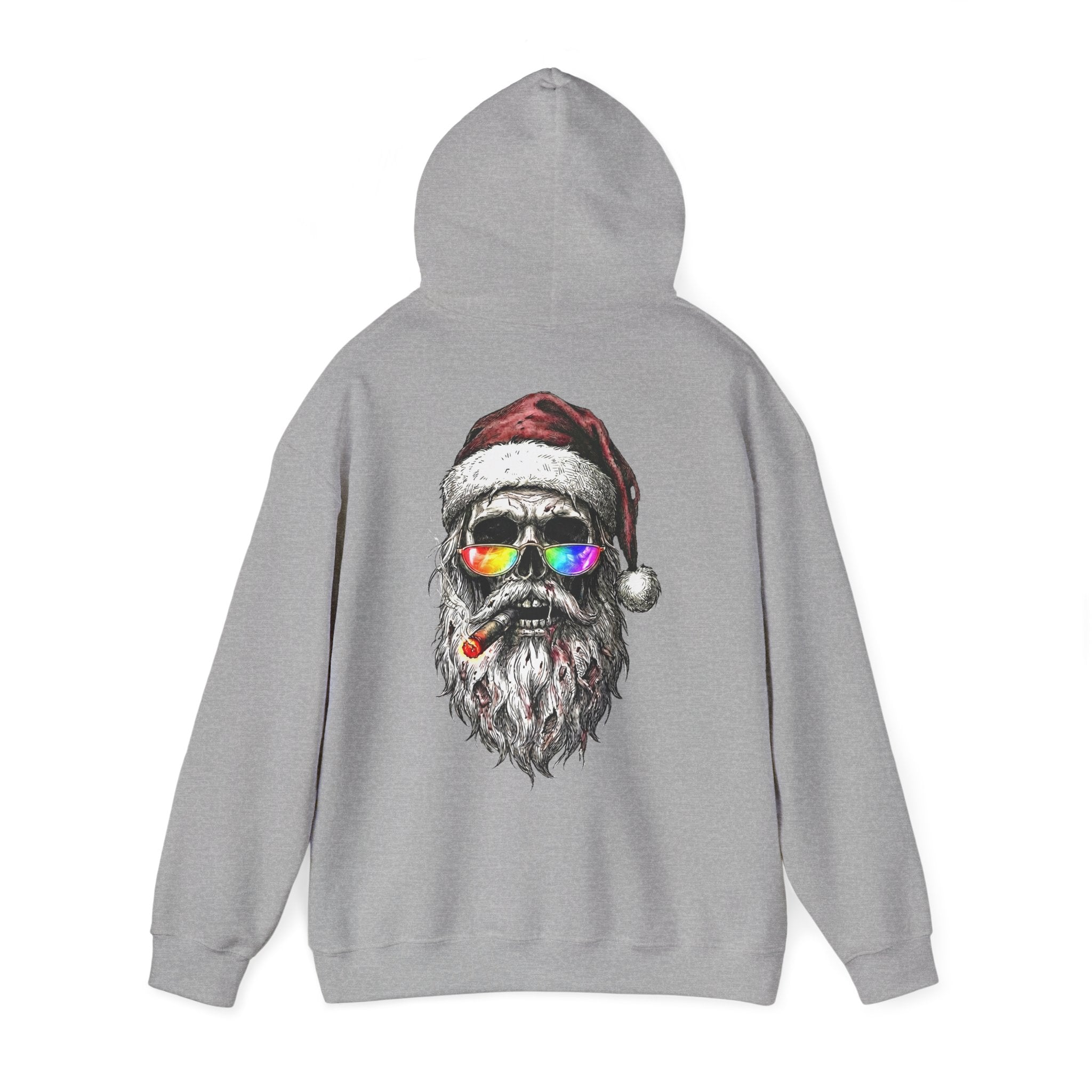Dark-Santa: Backprint, Unisex Hoodie, Skull Cool Santa with Rainbow Sunglasses Christmas Sweatshirt