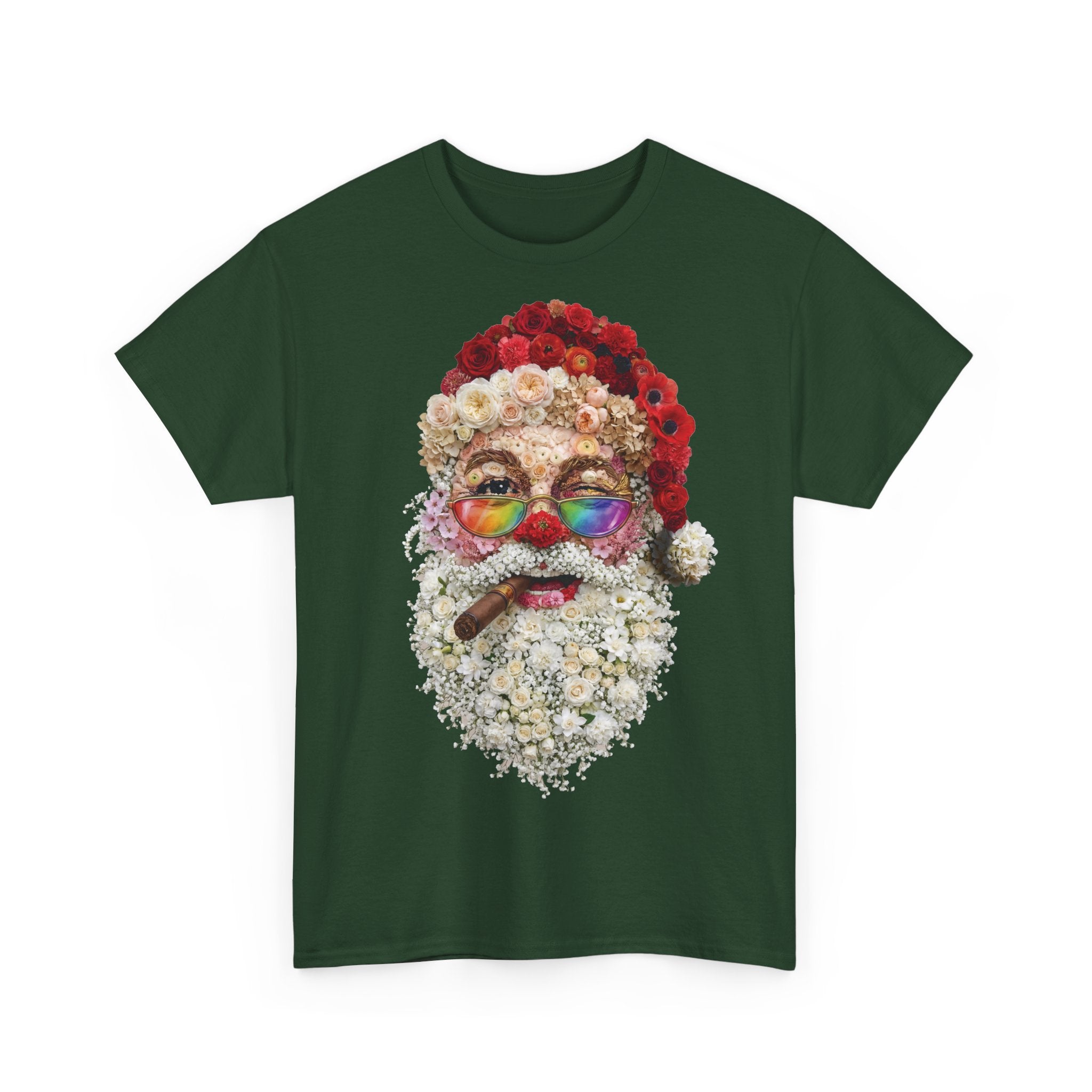 Blumen-Santa: Frontprint, Unisex T-Shirt, Floral Colorful Retro Santa with Cigar Weihnachten