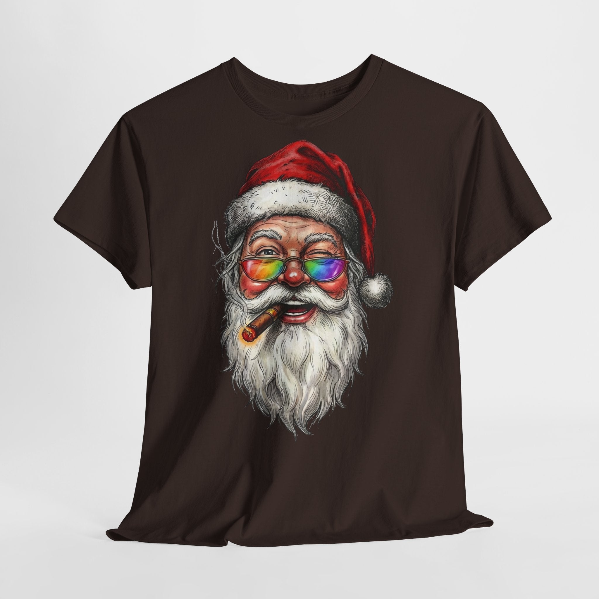 Friendly-Santa: Frontprint, Unisex T-Shirt, Colorful Retro Santa with Cigar Holiday Tee