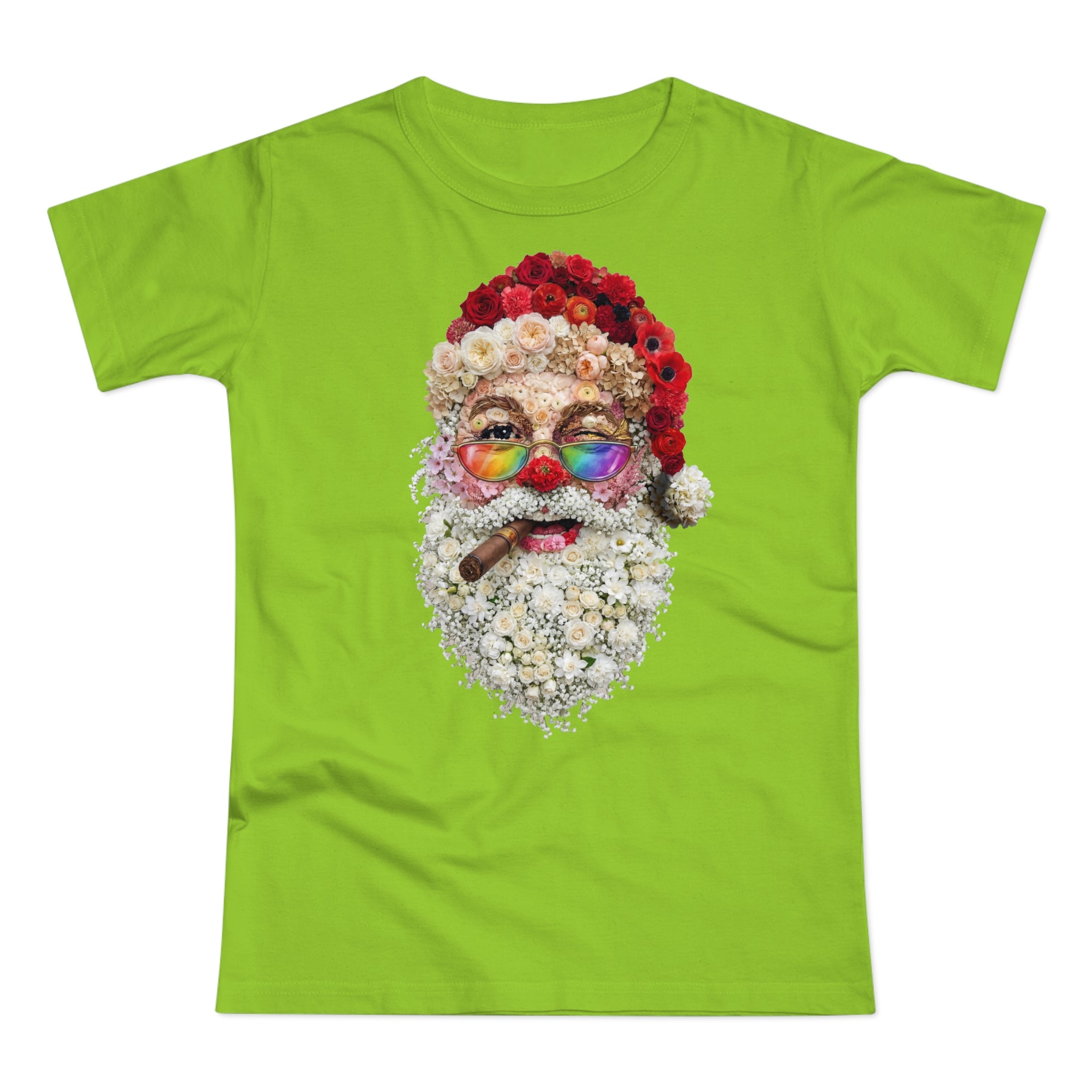 Blumen-Santa: Frontprint, Womens' T-Shirt, Rainbow Glasses & Cigar Holiday T-Shirt