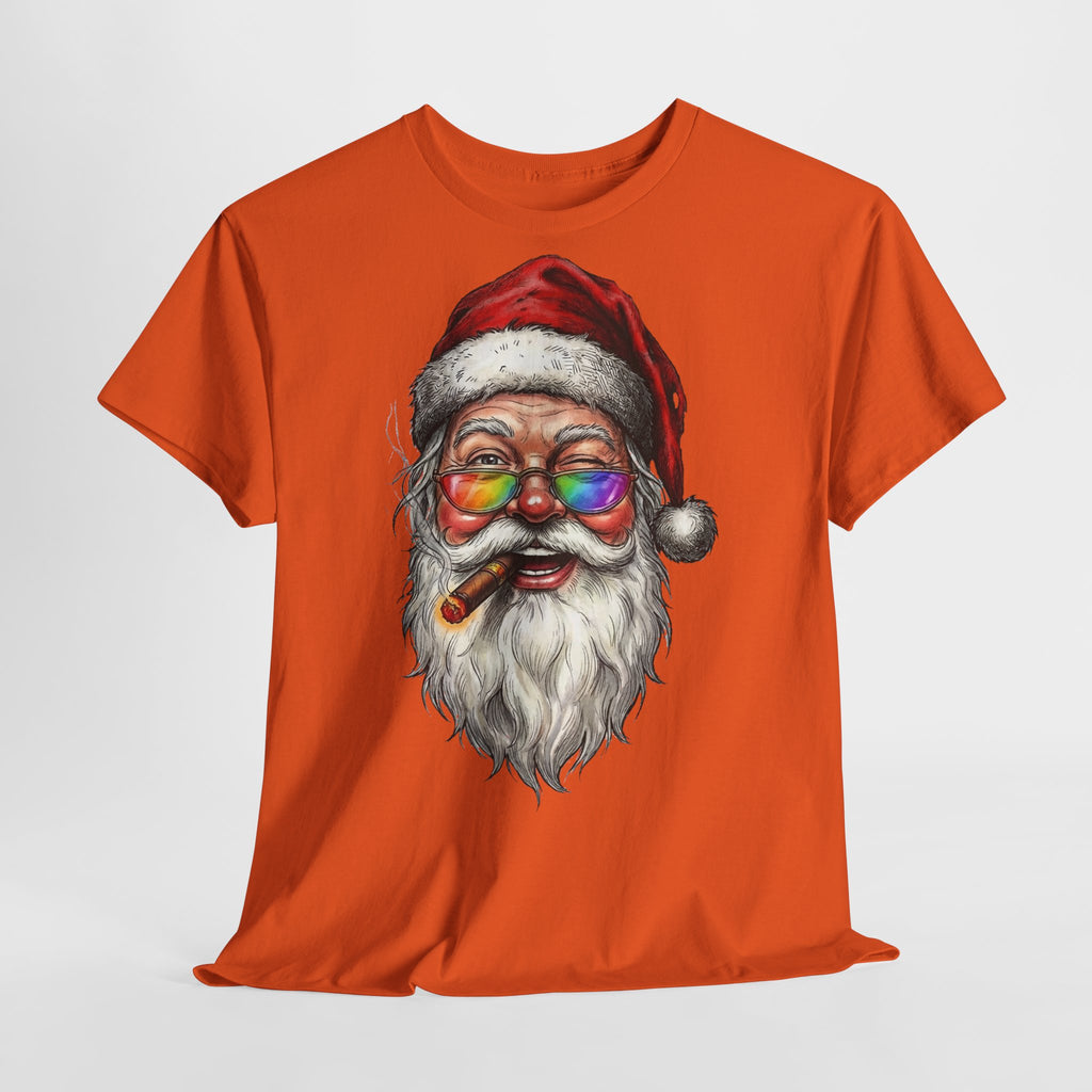 Friendly-Santa: Frontprint, Unisex T-Shirt, Colorful Retro Santa with Cigar Holiday Tee