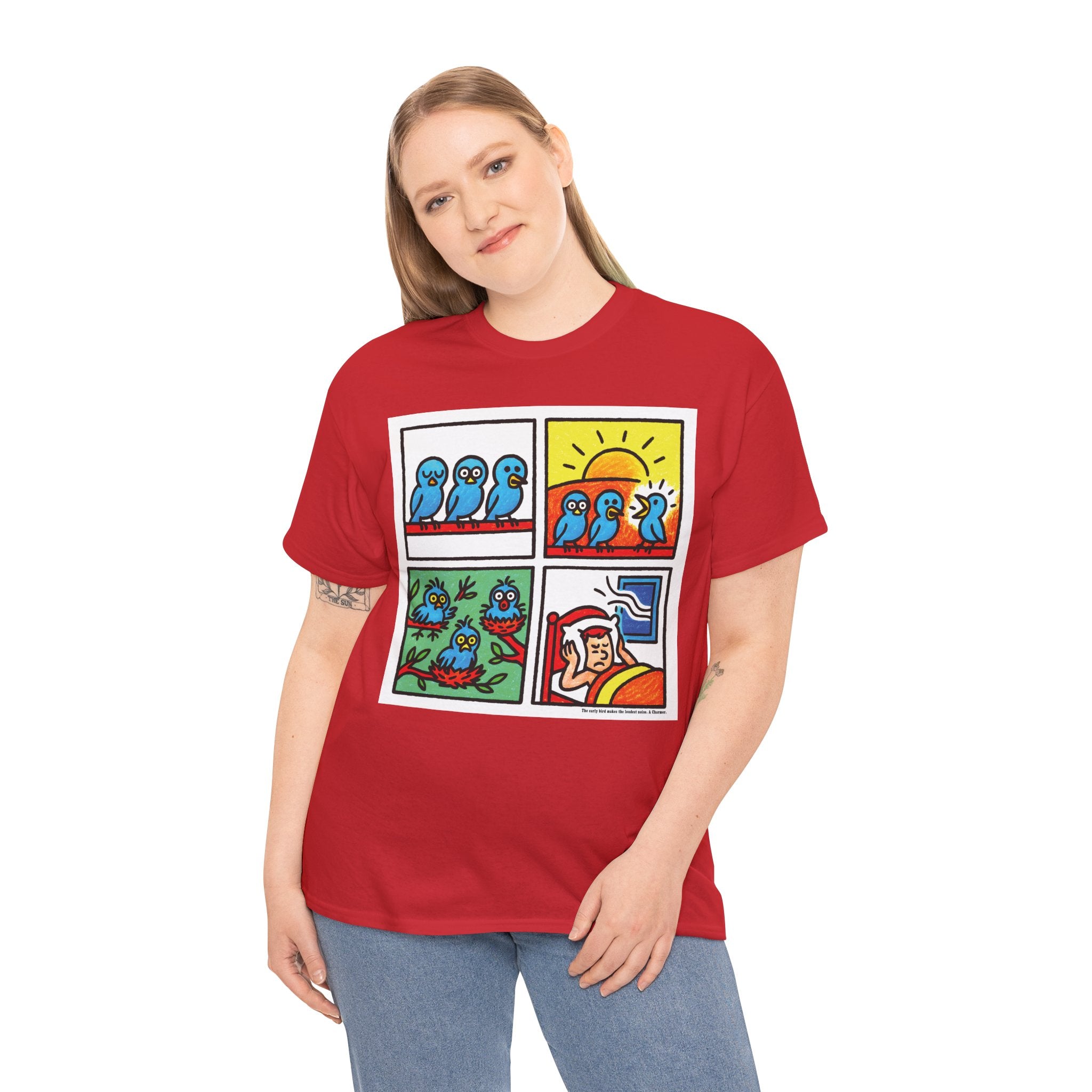 Proverb - Early bird makes loudest noise, Colorful Quirky Bird Tee - Fun Graphic Shirt for Nature Lovers, Perfect Gift for Birdwatchers, Casual Wear, Birthday, Summer