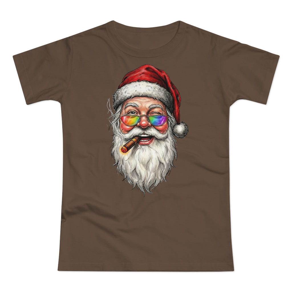 Friendly-Santa: Frontprint, Womens' T-Shirt, Colorful Glasses & Cigar Christmas Tee