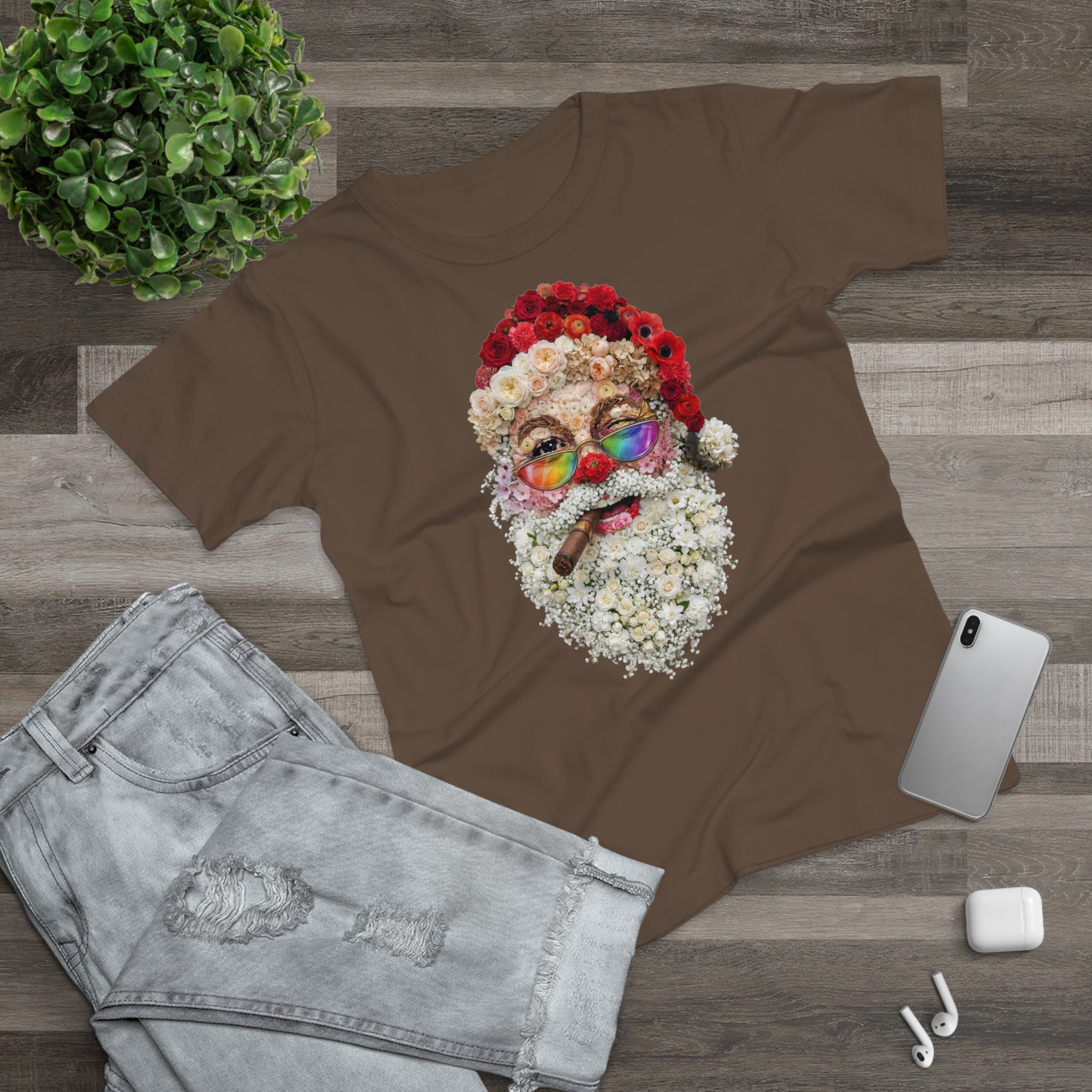 Blumen-Santa: Frontprint, Womens' T-Shirt, Rainbow Glasses & Cigar Holiday T-Shirt