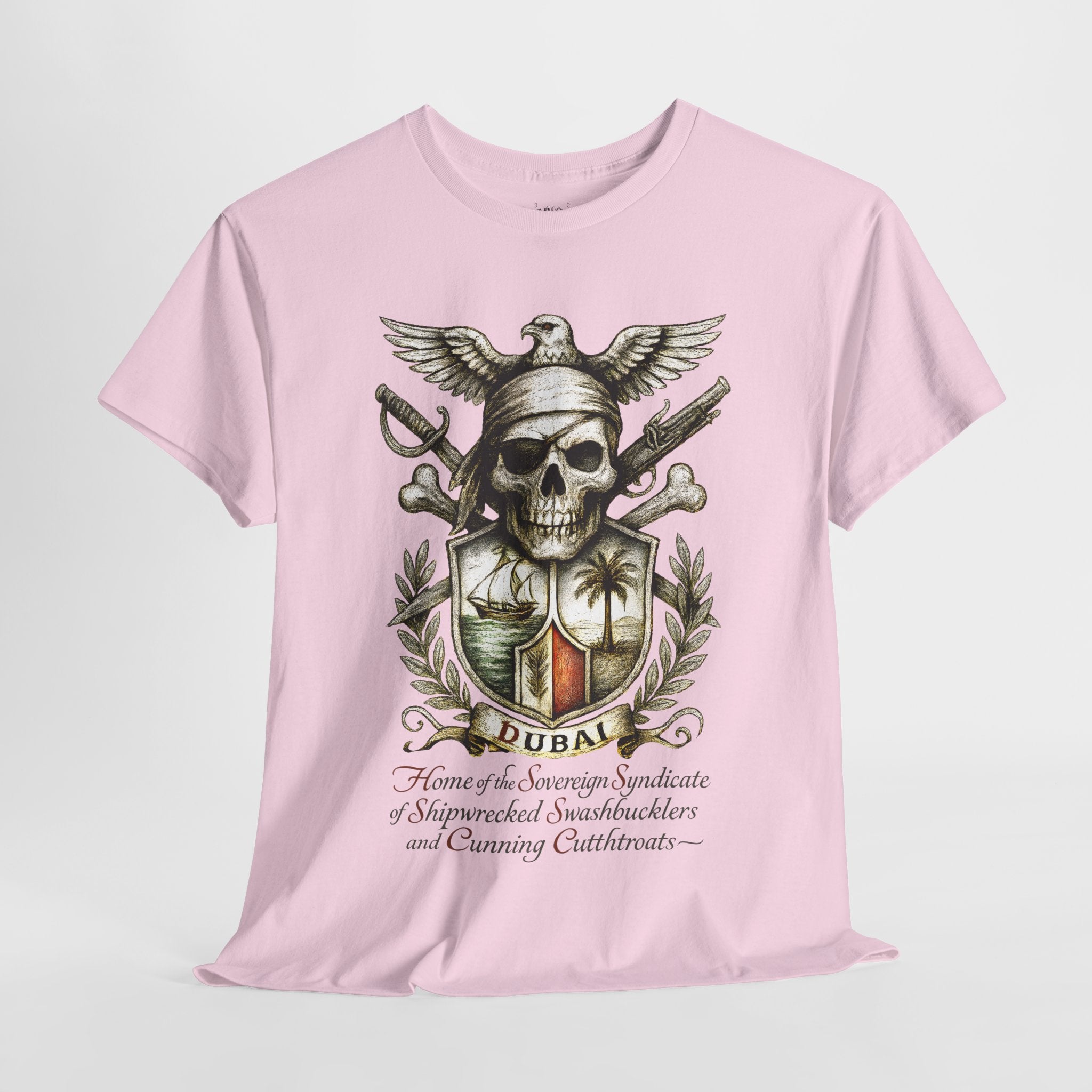 Grimwater Edition - Dubai, Skull & Crossbones Tee, Home of the Sovereign Syndicate of Swashbucklers Cutthroats