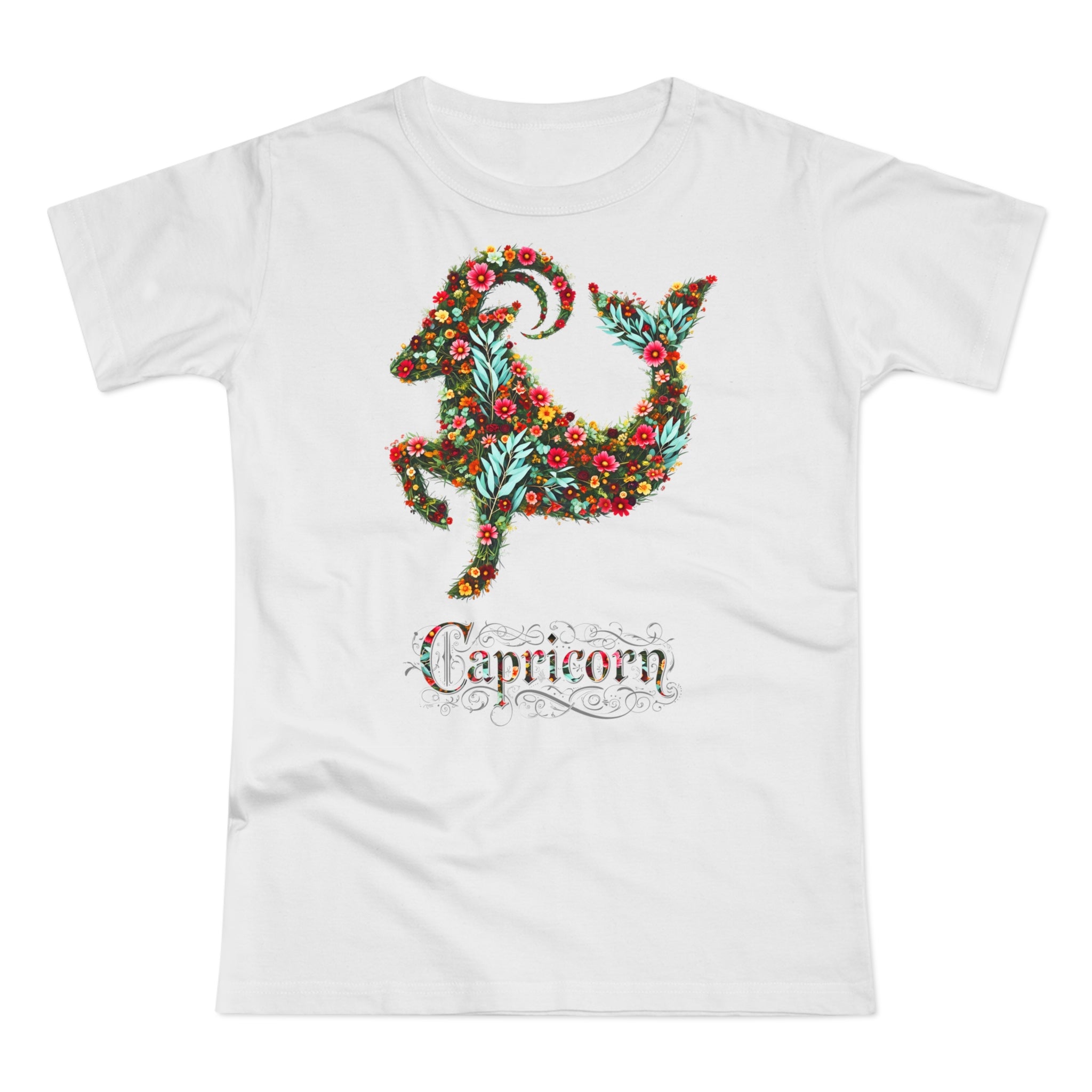 Steinbock: Frontprint, Womens' T-Shirt, florales Sternzeichen, Zodiac Astrologie (Capricorn)