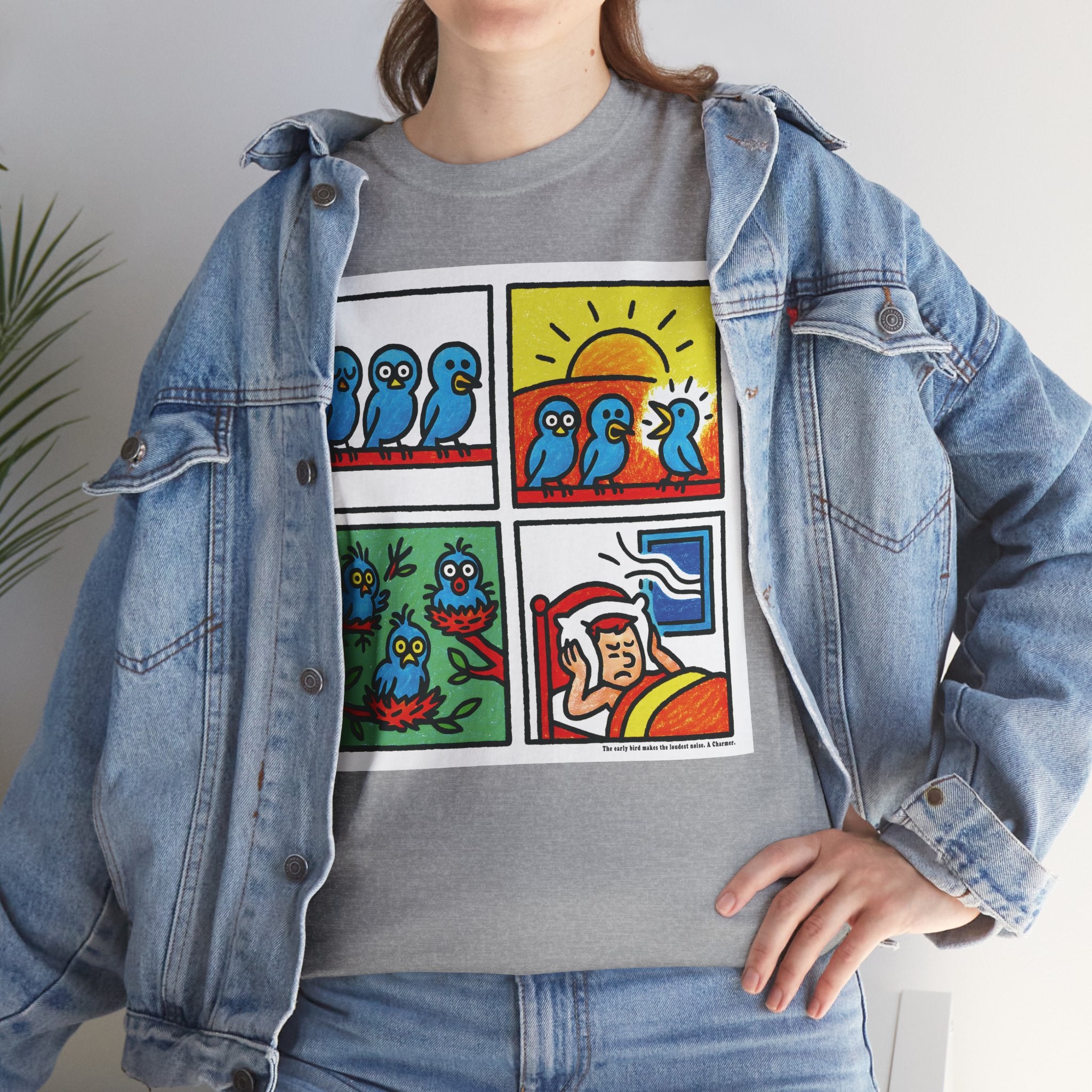 Proverb - Early bird makes loudest noise, Colorful Quirky Bird Tee - Fun Graphic Shirt for Nature Lovers, Perfect Gift for Birdwatchers, Casual Wear, Birthday, Summer