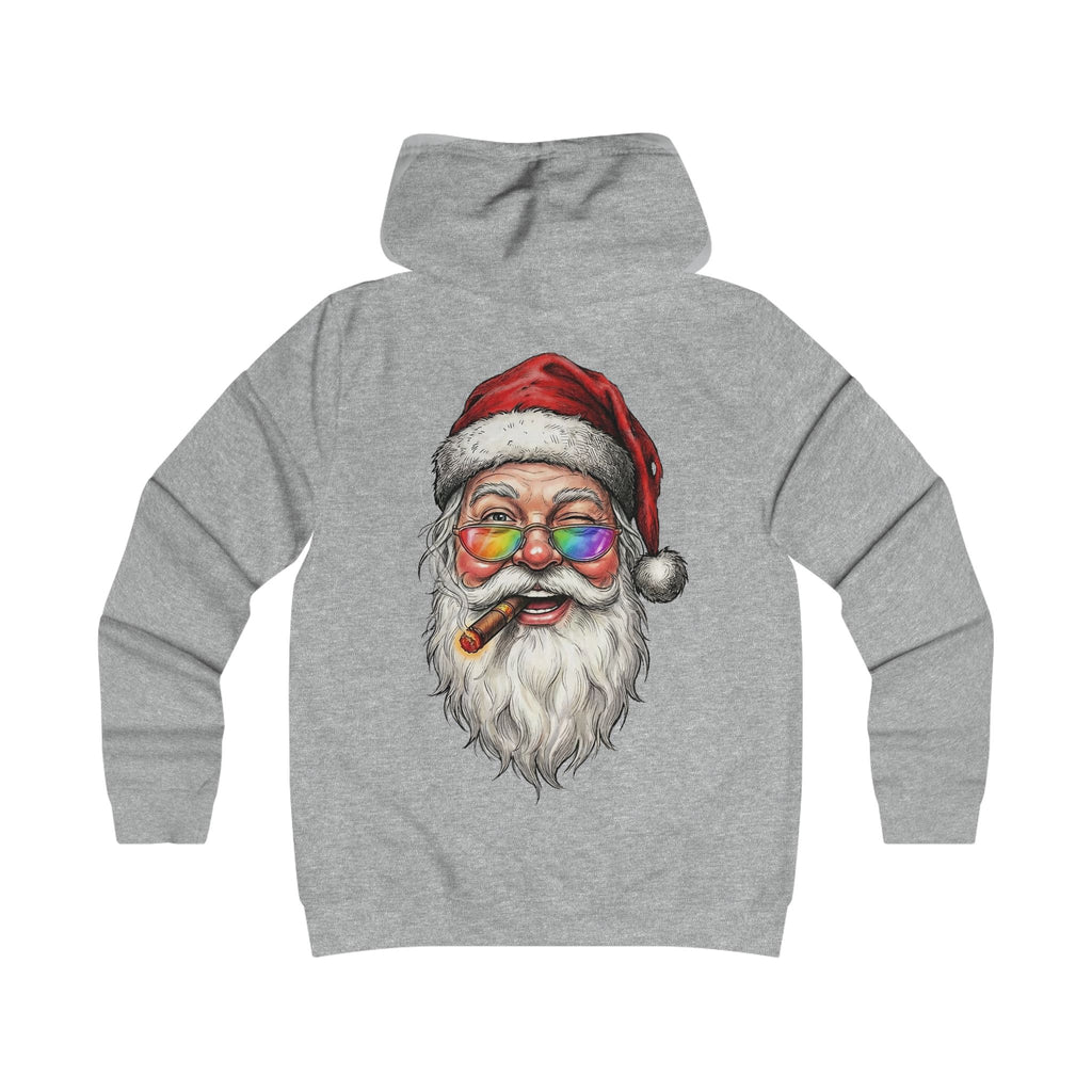 Friendly-Santa: Backprint, Womens' Hoodie, Smoking Cigar Hoodie — Colorful Retro Christmas Sweatshirt