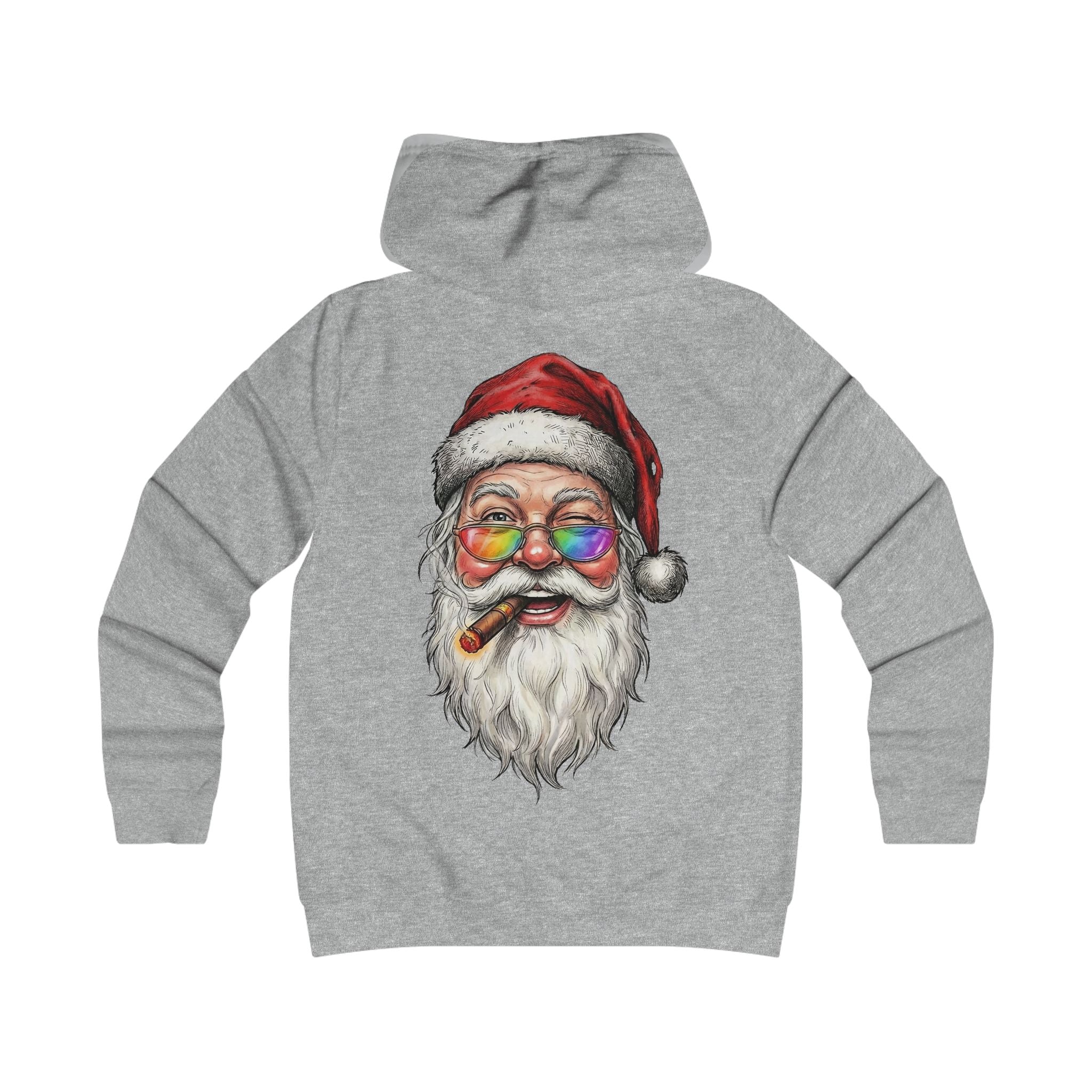 Friendly-Santa: Backprint, Womens' Hoodie, Smoking Cigar Hoodie — Colorful Retro Christmas Sweatshirt