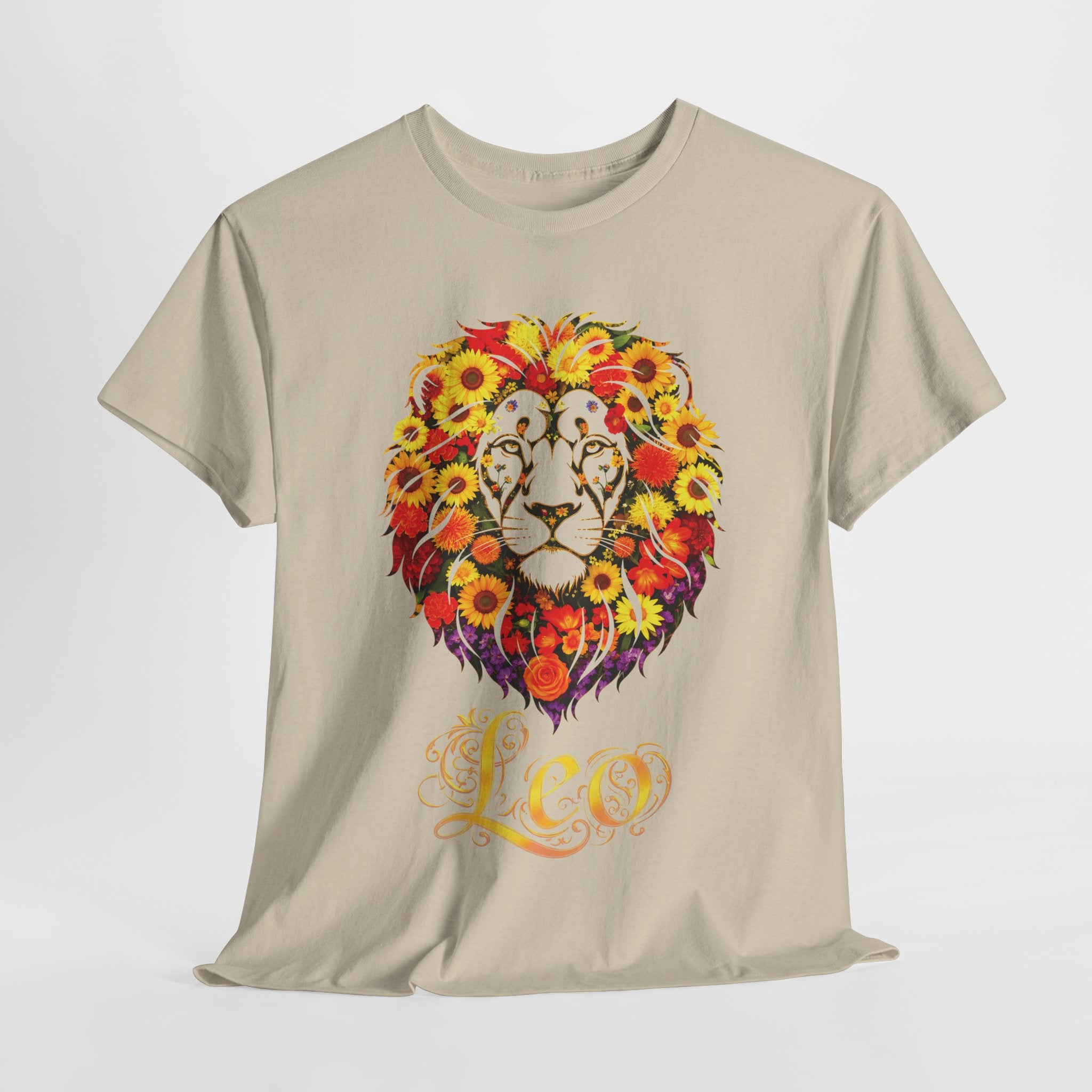 Leo Floral Zodiac Shirt, Unisex Heavy Cotton T-Shirt, Nature Lover Gift, Artistic Apparel, Animal Lover Shirt, Casual Wear