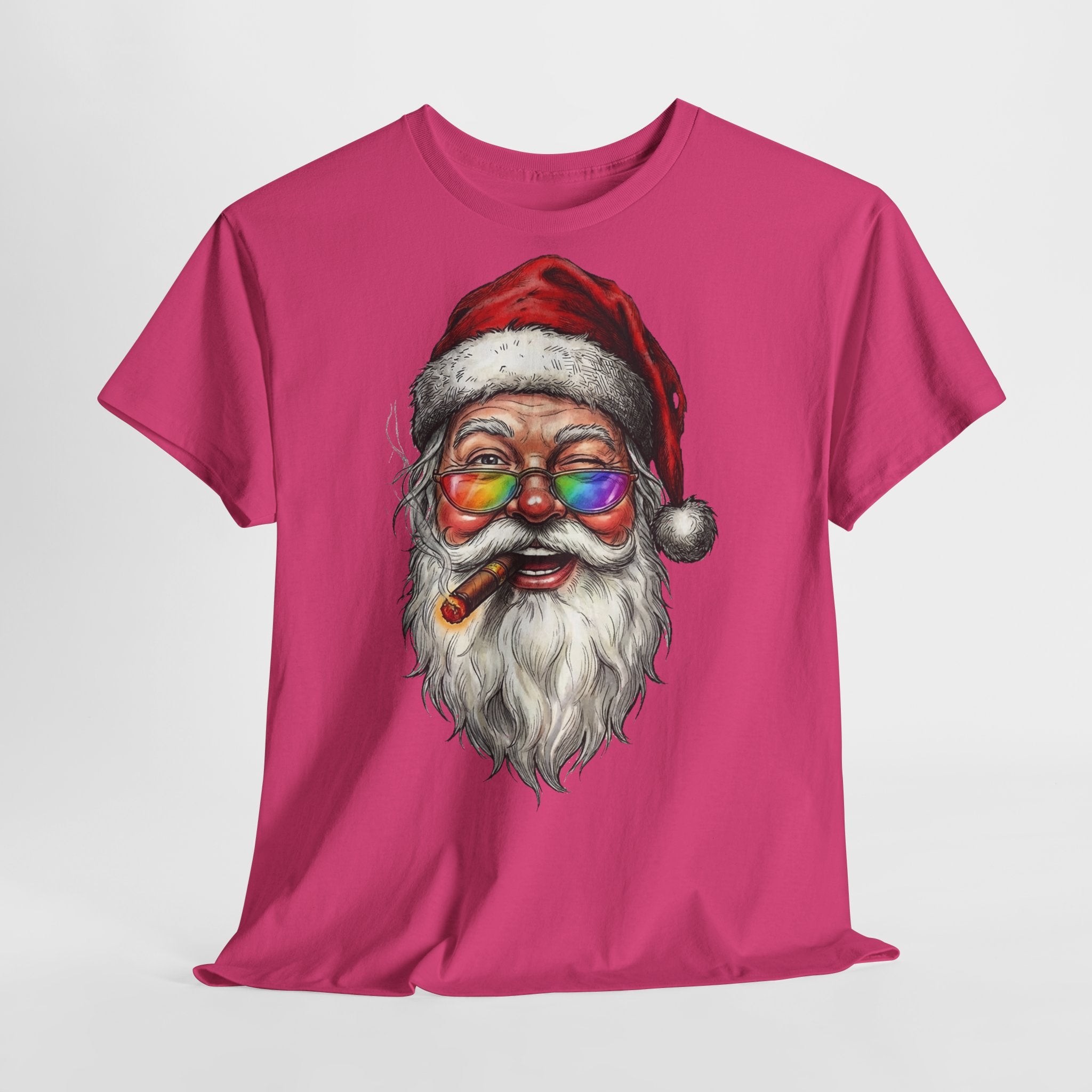 Friendly-Santa: Frontprint, Unisex T-Shirt, Colorful Retro Santa with Cigar Holiday Tee