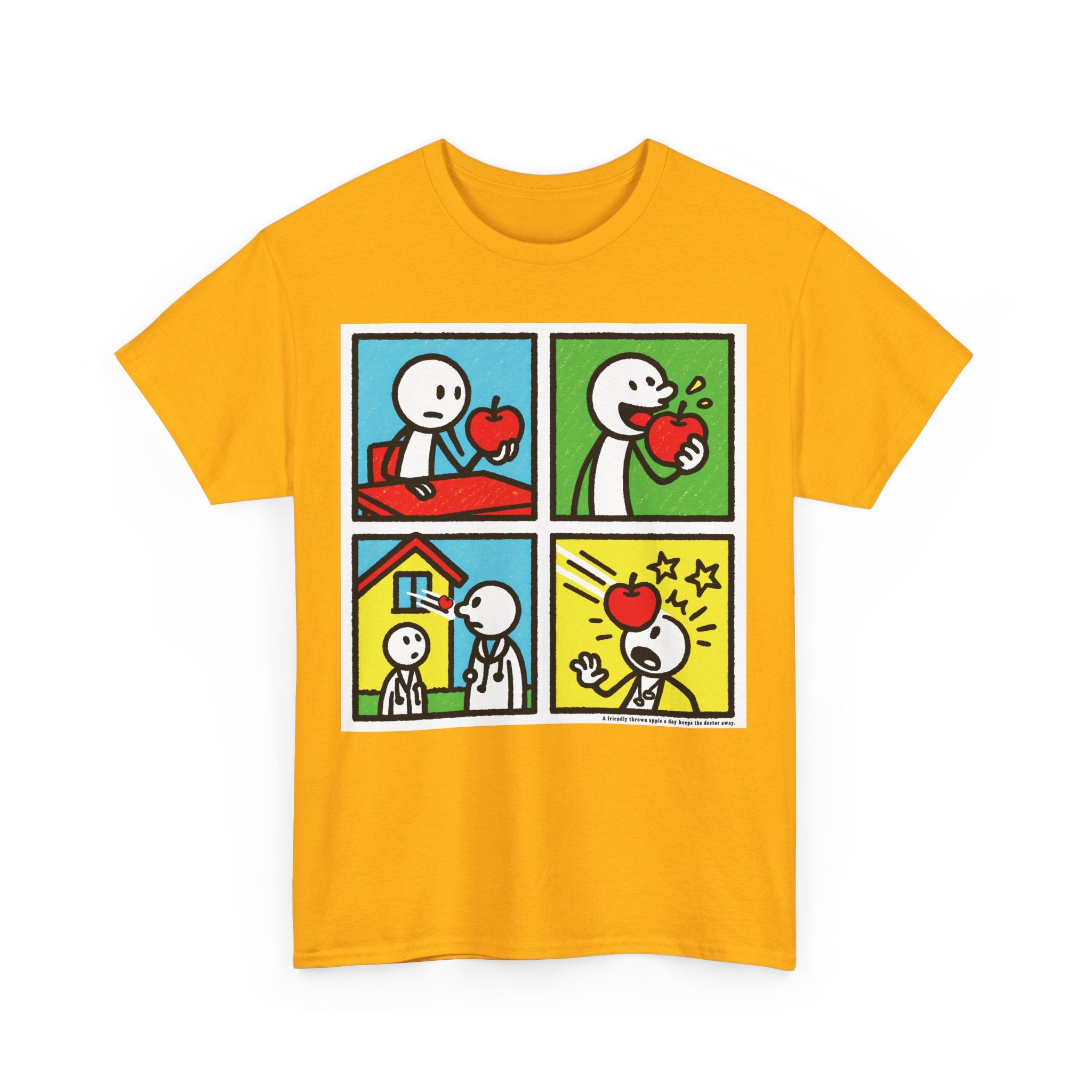 Proverb - A friendly thrown apple keeps doctor away, Funny Graphic Unisex Heavy Cotton Tee, Cute Gift for Friends, Heart Theme T-Shirt, Casual Wear, Gift for Birthdays, Celebrate Love