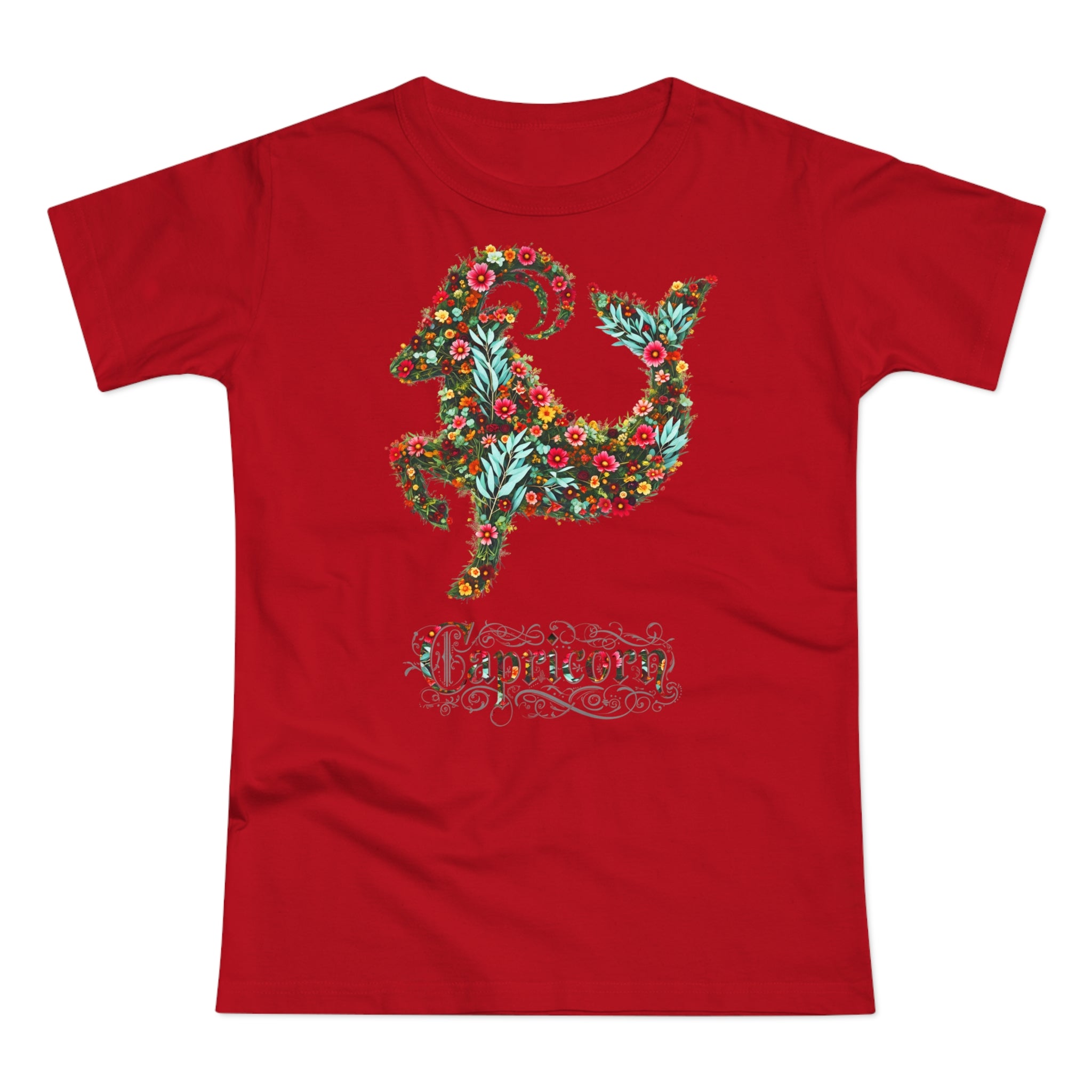 Steinbock: Frontprint, Womens' T-Shirt, florales Sternzeichen, Zodiac Astrologie (Capricorn)