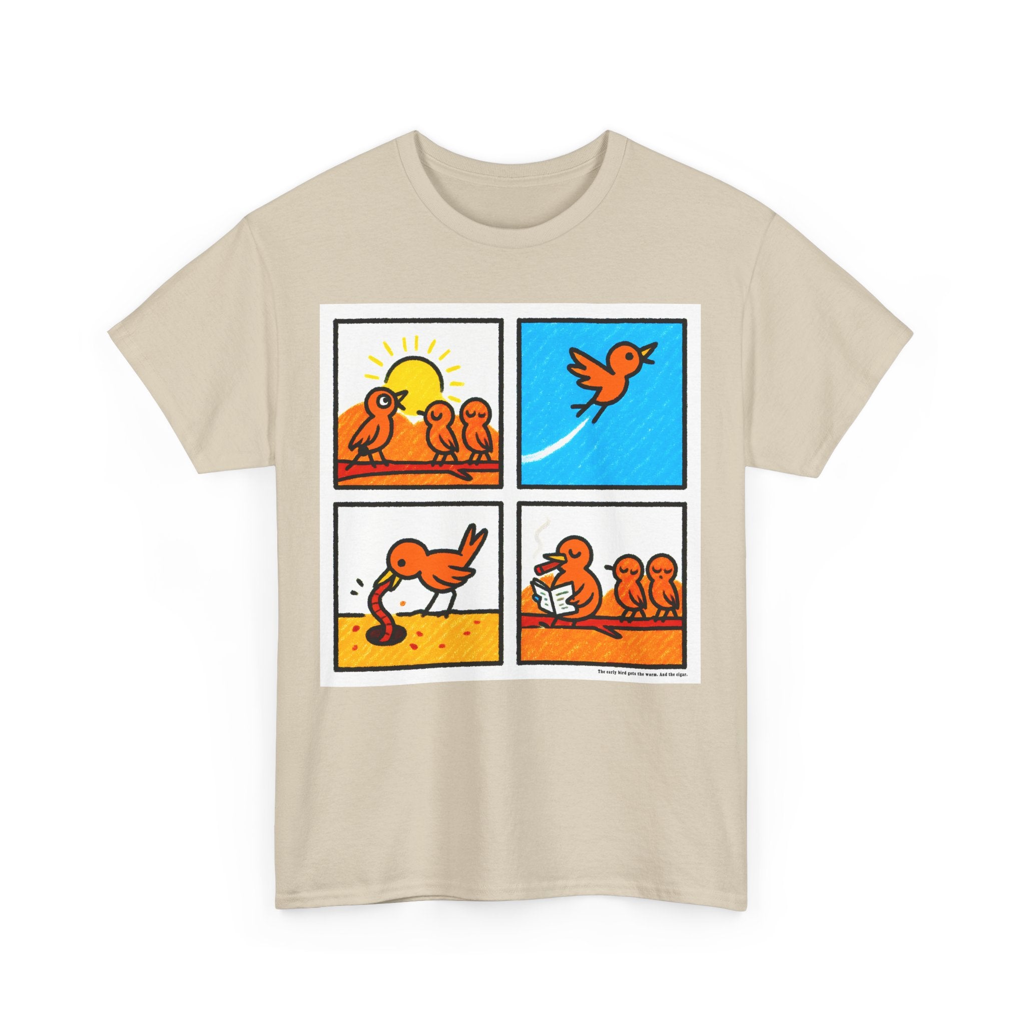 Proverb - Early bird GETS IT ALL, plus Cigar, Sunshine Birds Unisex Heavy Cotton Tee, Graphic Tee, Casual Wear, Gift for Bird Lovers, Funny T-Shirt, Nature Inspired Clothing
