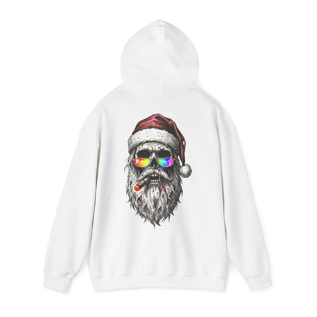 Dark-Santa: Backprint, Unisex Hoodie, Skull Cool Santa with Rainbow Sunglasses Christmas Sweatshirt