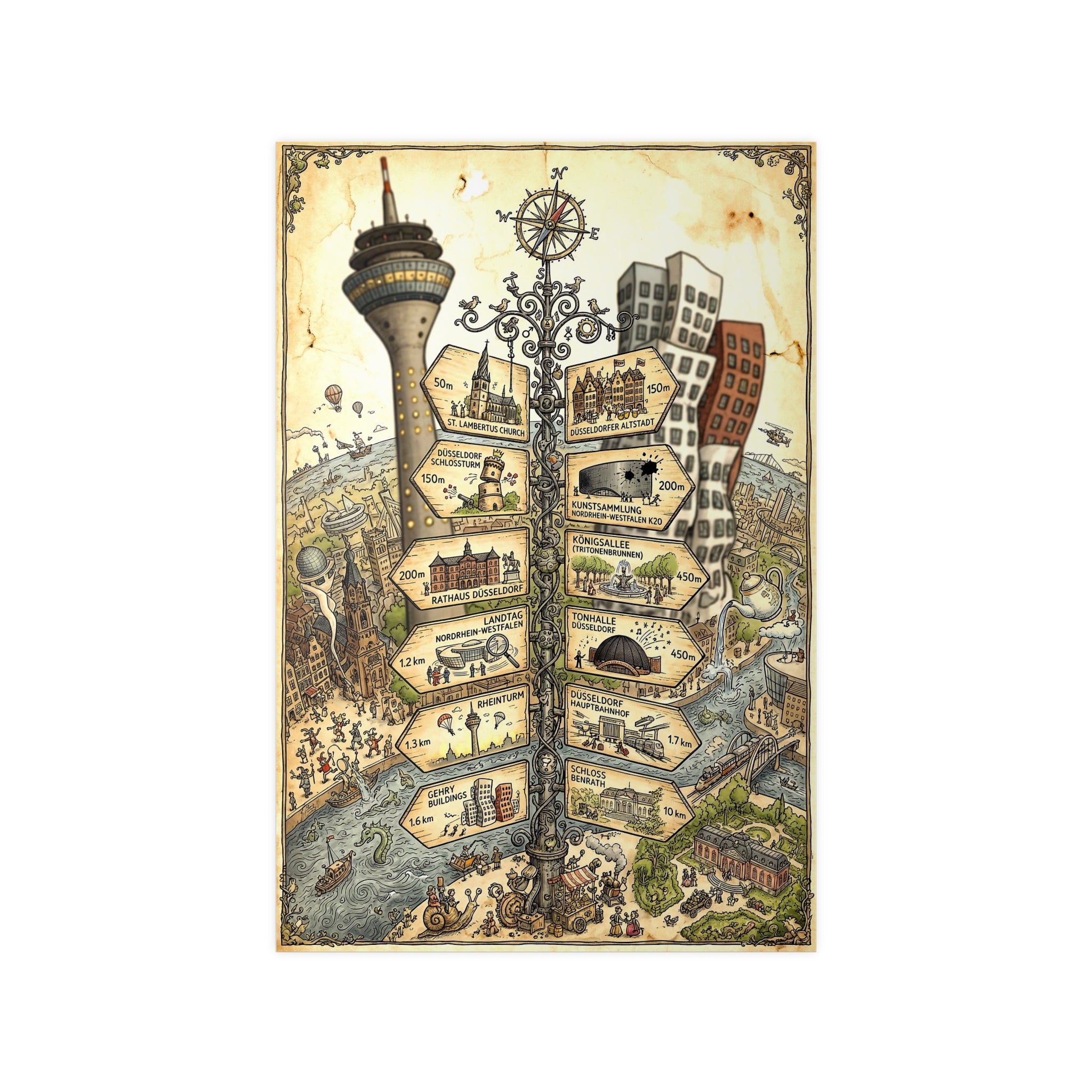 Poster 60 x 90: Düsseldorf - Vintage Travel Map - Signpost