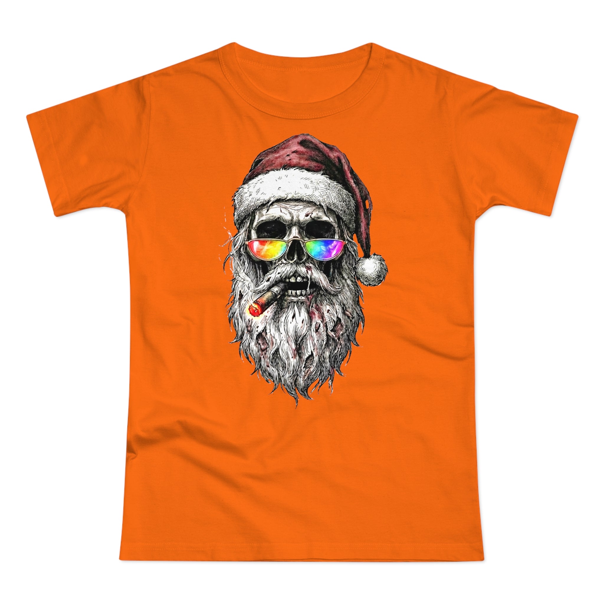 Dark-Santa: Frontprint, Womens' T-Shirt, Skull Retro Sunglasses & Cigar Holiday Tee