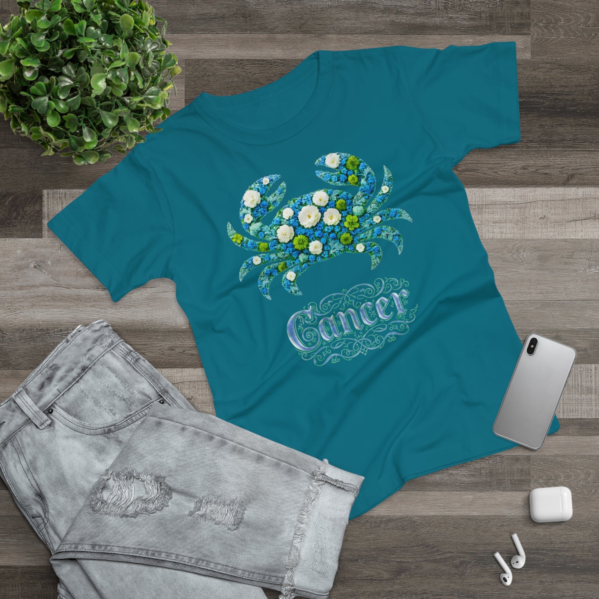Krebs: Frontprint, Womens' T-Shirt, florales Sternzeichen, Zodiac Astrologie (Cancer)