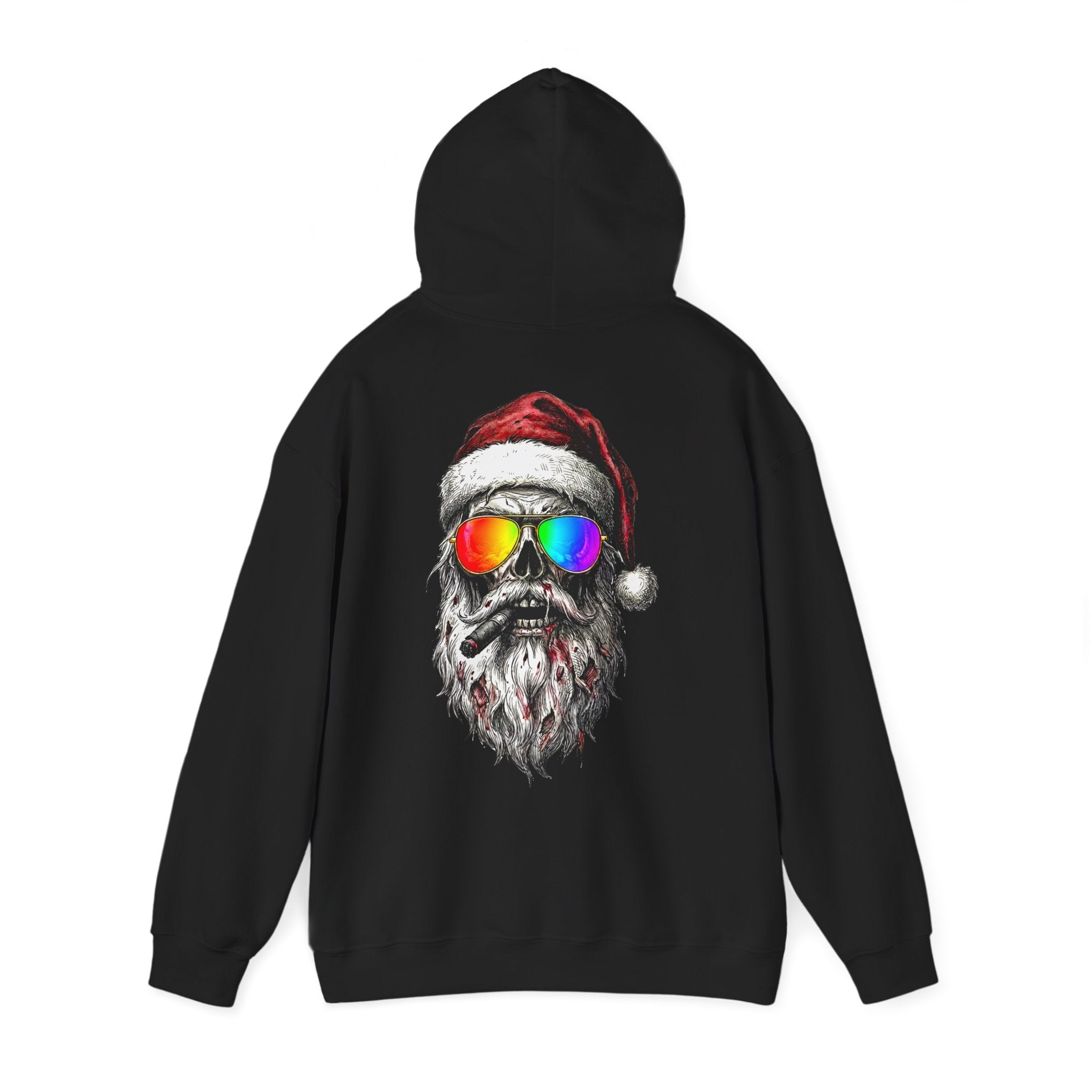 Pilot-Santa: Backprint, Unisex Hoodie Skull with Rainbow Sunglasses – Christmas Punk Pullover