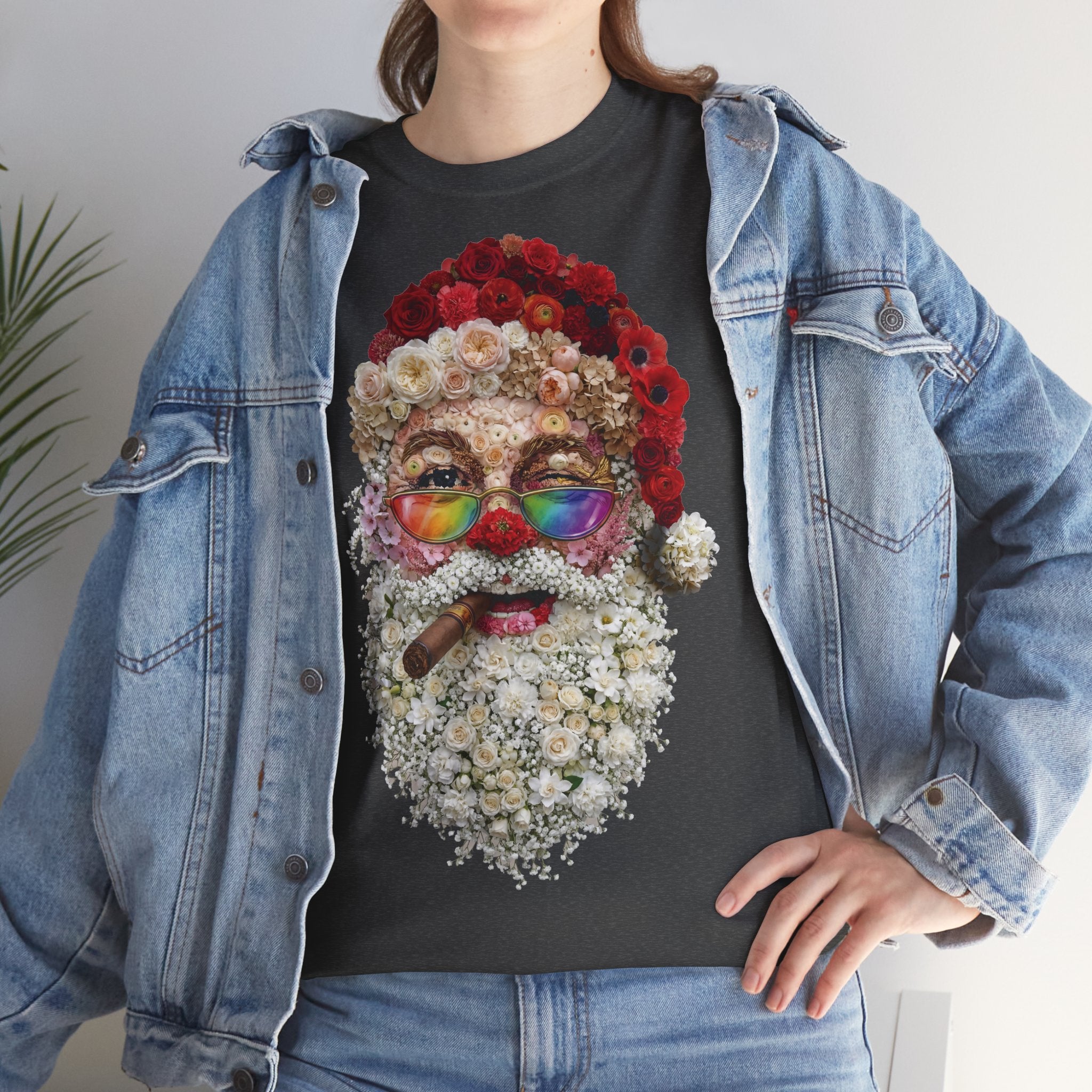 Blumen-Santa: Frontprint, Unisex T-Shirt, Floral Colorful Retro Santa with Cigar Weihnachten