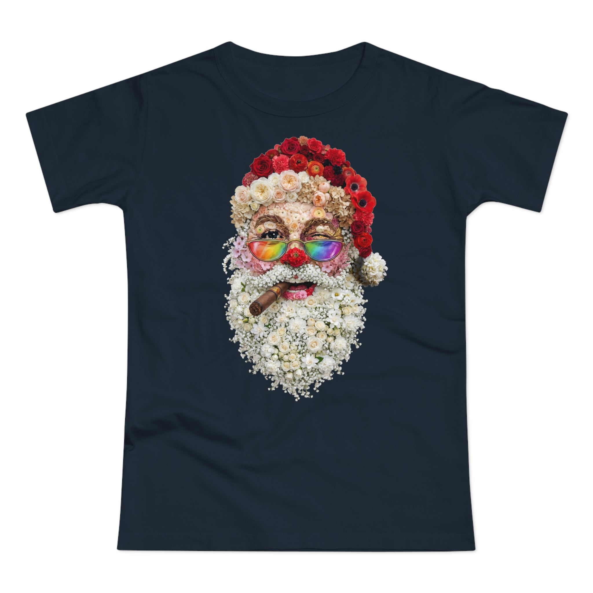 Blumen-Santa: Frontprint, Womens' T-Shirt, Rainbow Glasses & Cigar Holiday T-Shirt