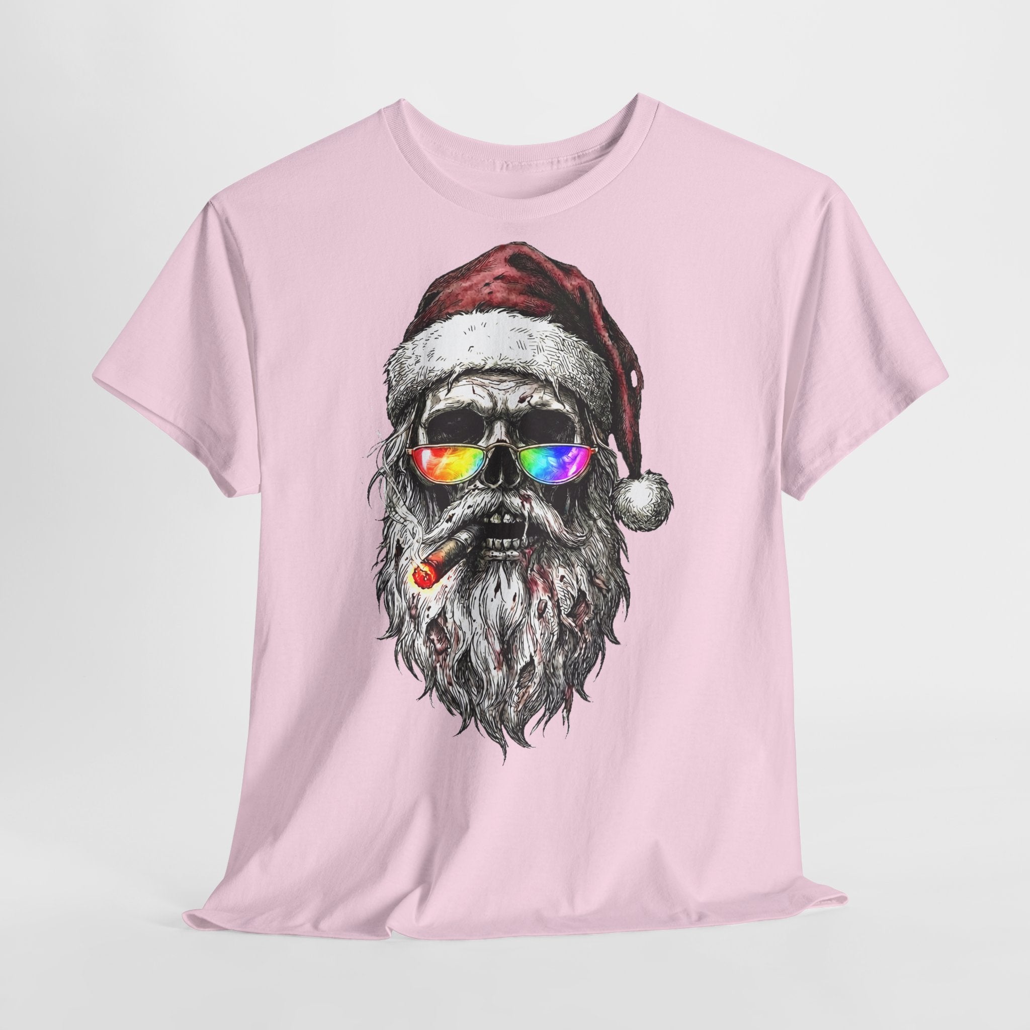 Dark-Santa: Frontprint, Unisex T-Shirt, Skull Graphic Tee Cool Santa with Rainbow Shades & Cigar, Holiday Christmas Shirt