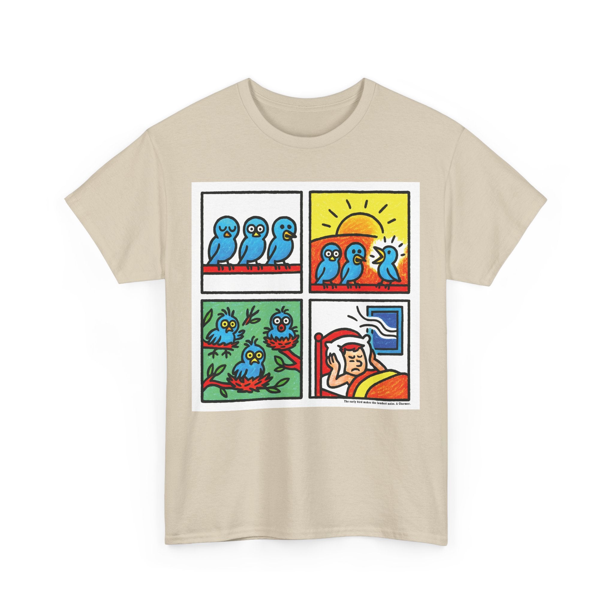 Proverb - Early bird makes loudest noise, Colorful Quirky Bird Tee - Fun Graphic Shirt for Nature Lovers, Perfect Gift for Birdwatchers, Casual Wear, Birthday, Summer