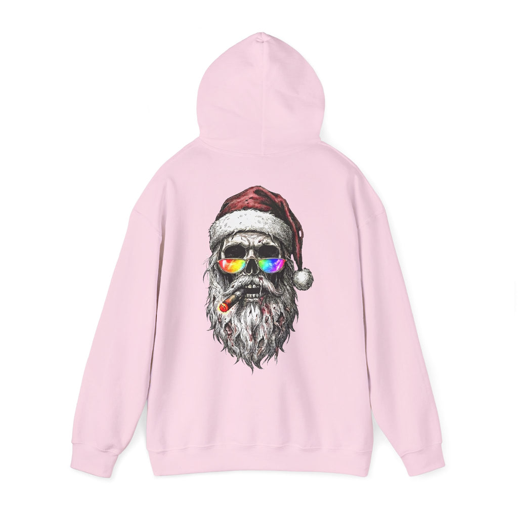 Dark-Santa: Backprint, Unisex Hoodie, Skull Cool Santa with Rainbow Sunglasses Christmas Sweatshirt