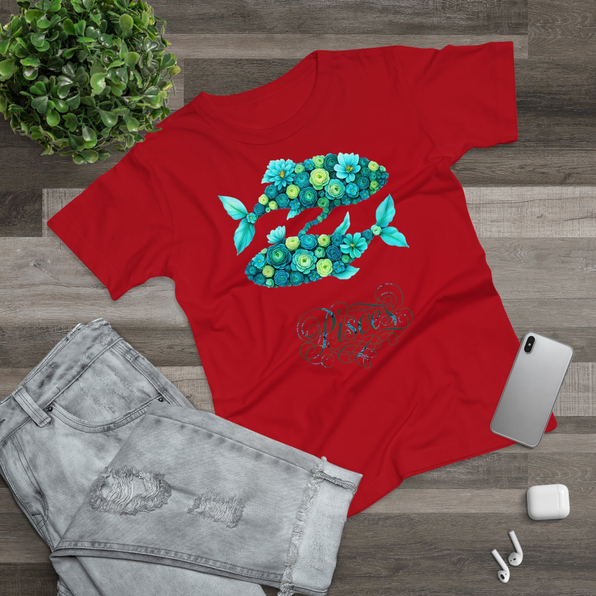 Fische: Frontprint, Womens' T-Shirt, florales Sternzeichen, Zodiac Astrologie (Pisces)